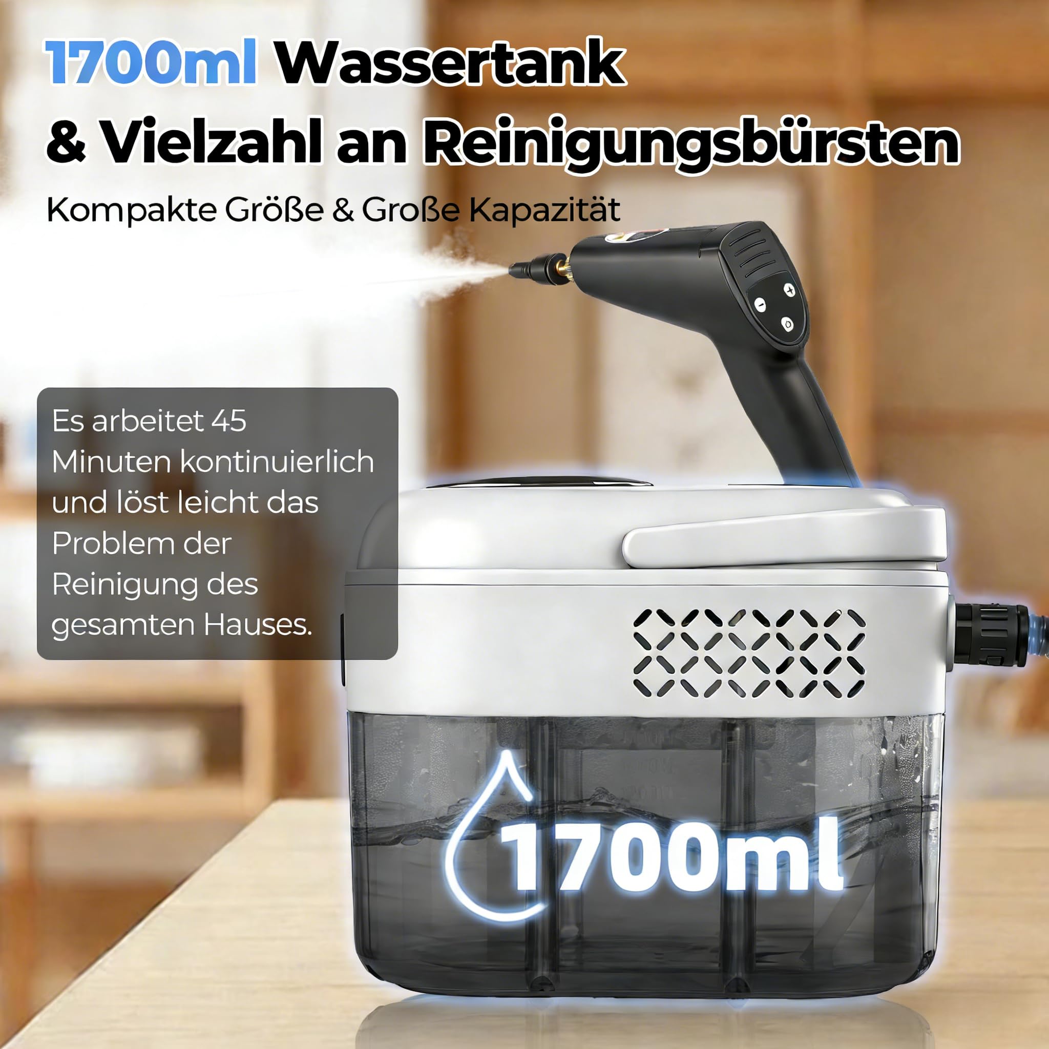 Dampfreiniger Handgerät 2500W für Haus & Auto,Tragbarer Handdampfreiniger mit 6 Dampfstufen,15s Schnelles Aufheizen & 1,7L Wassertank, Multifunktionaler Haushaltsdampfreiniger für Boden Teppich Sofa