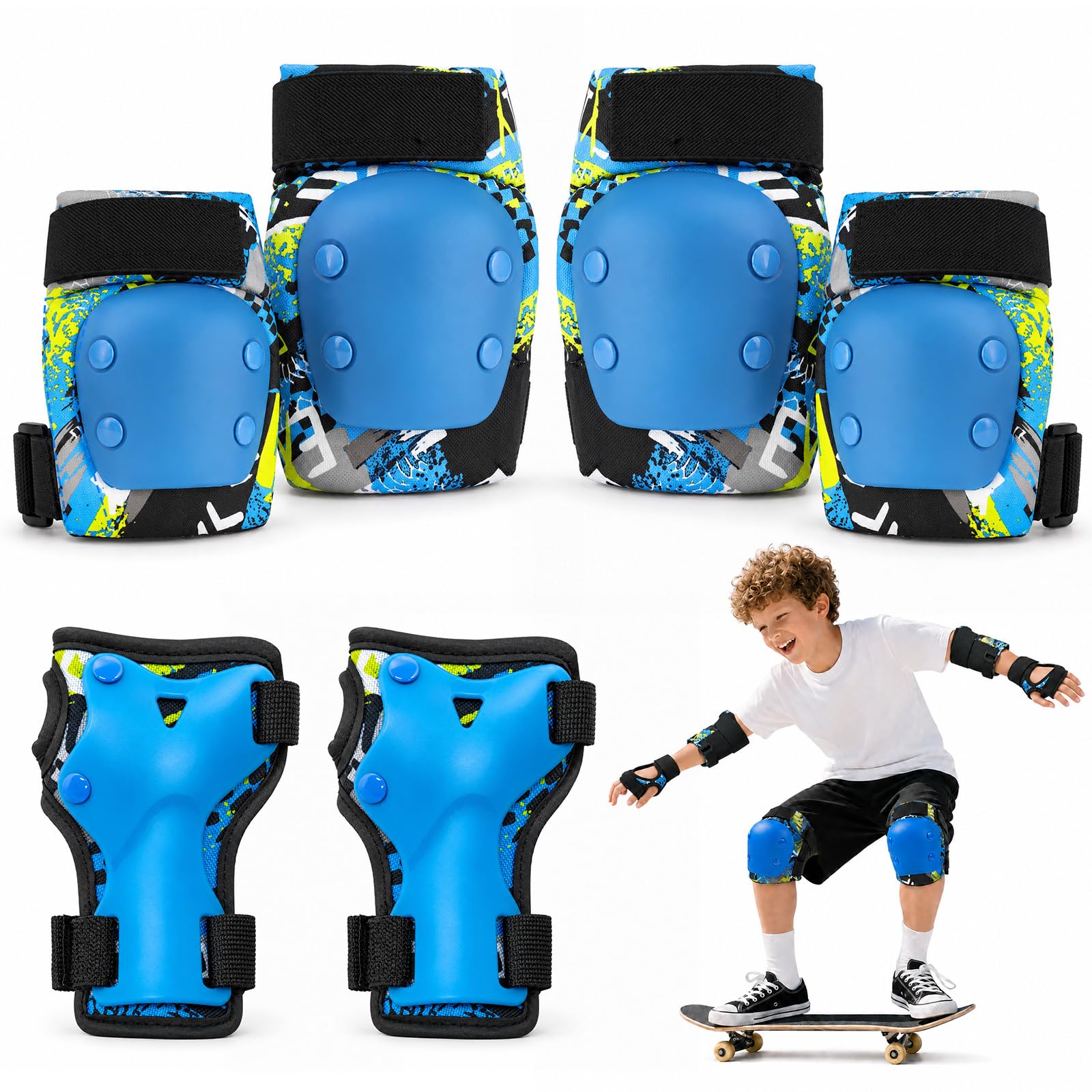 Lafefe Kids Protective Gear Set 6 in 1, Knee Pads Elbow Pads Wrist Guards with PP Shell & EVA Cushion, Adjustable Skating Pads S Size for Roller Skating Skateboard Cycling (Blue)