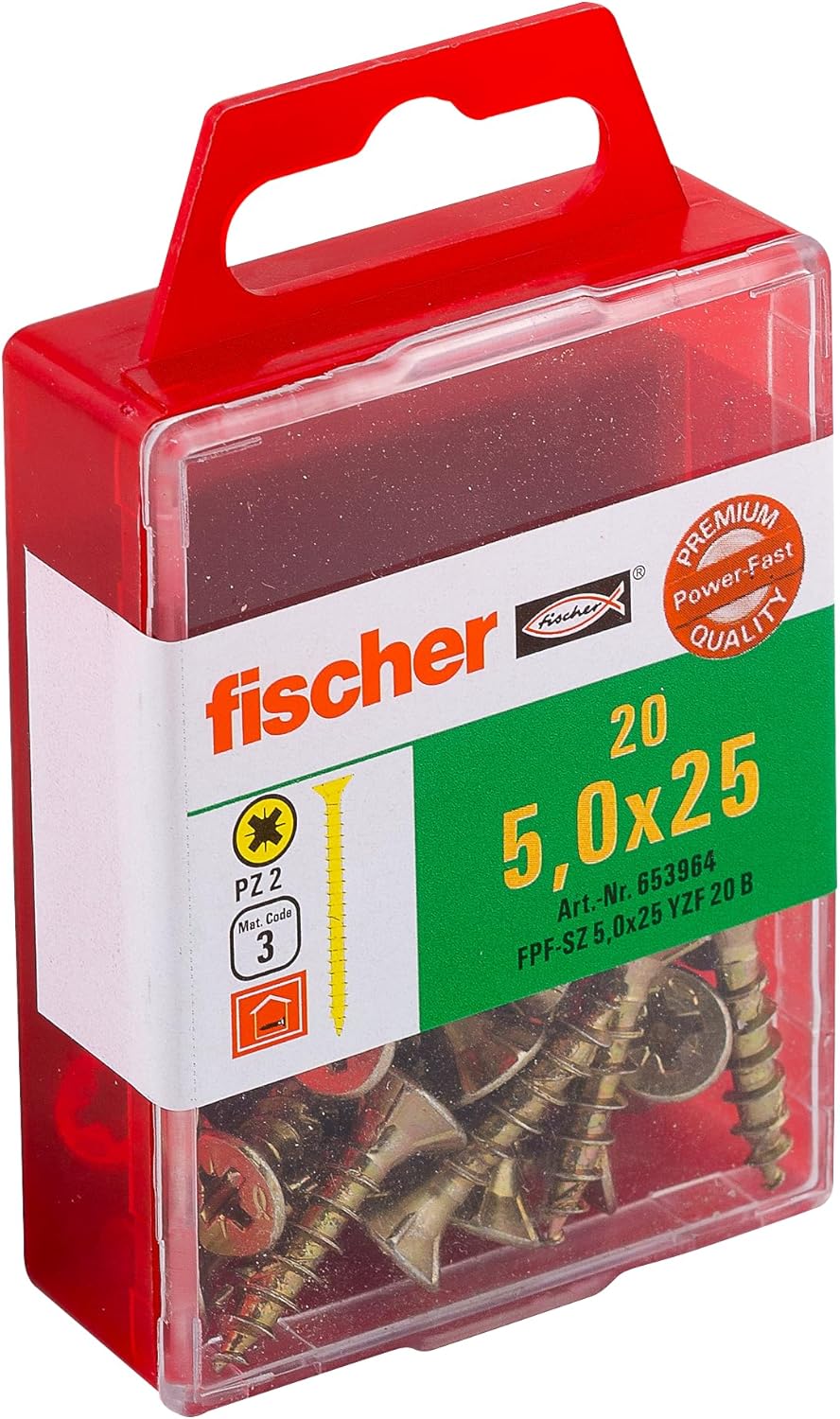 Fischer 653964 5.0 x 25 mm VG PZ Zinc Plated "Power-Fast" Countersunk Head-Screw - Yellow (20-Piece)