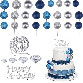 CORNER LAC Denim and Diamonds Themed Birthday Cake Decorations, Shinning Blue/Sapphire Blue/Silver Ball Cake Toppers, Rhinestone Ribbon Acrylic Diamond Happy Birthday Dessert Topper Diy Craft