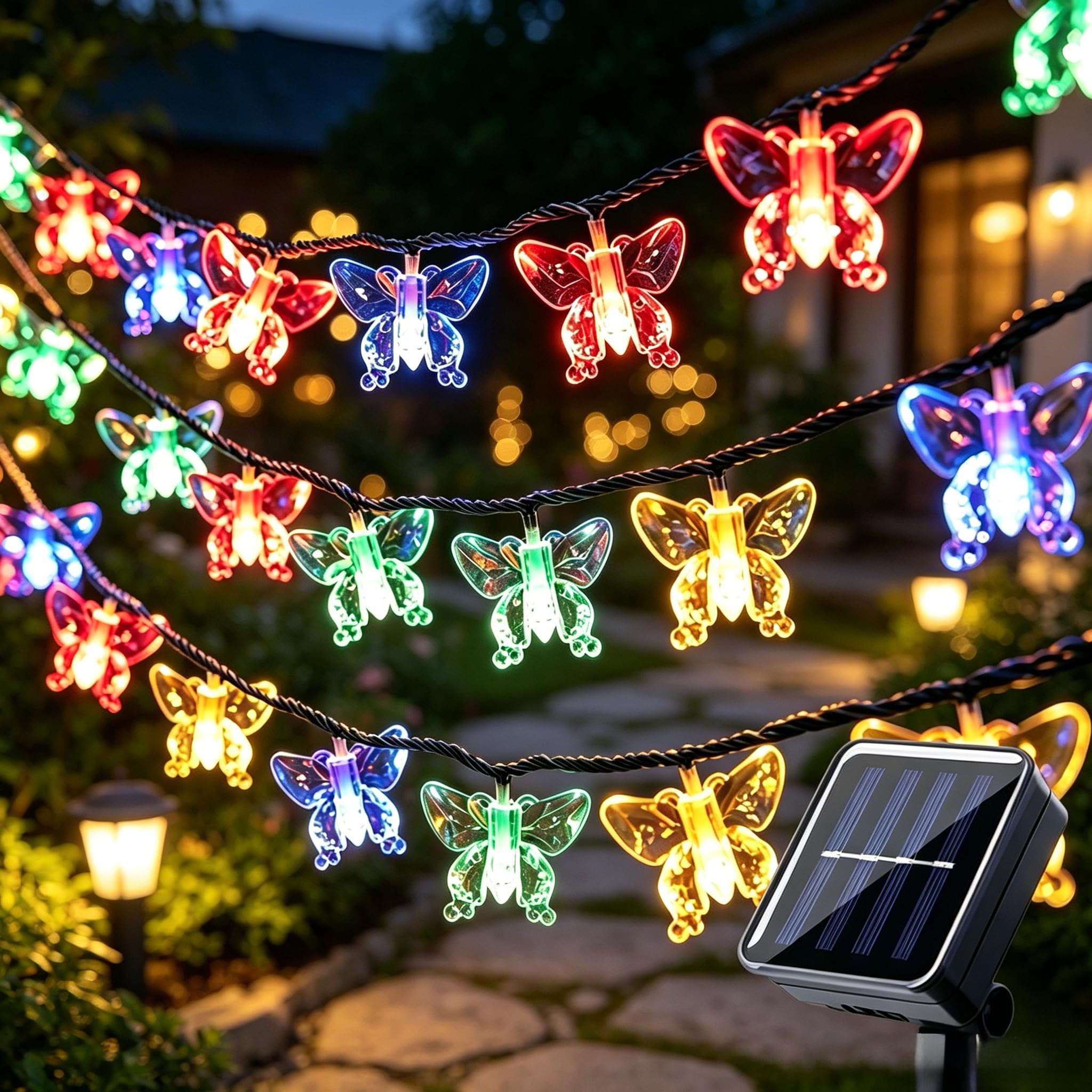 VEROHY Butterfly String Lights Outdoor Solar Powered 30 LED 6.5M，Colorful