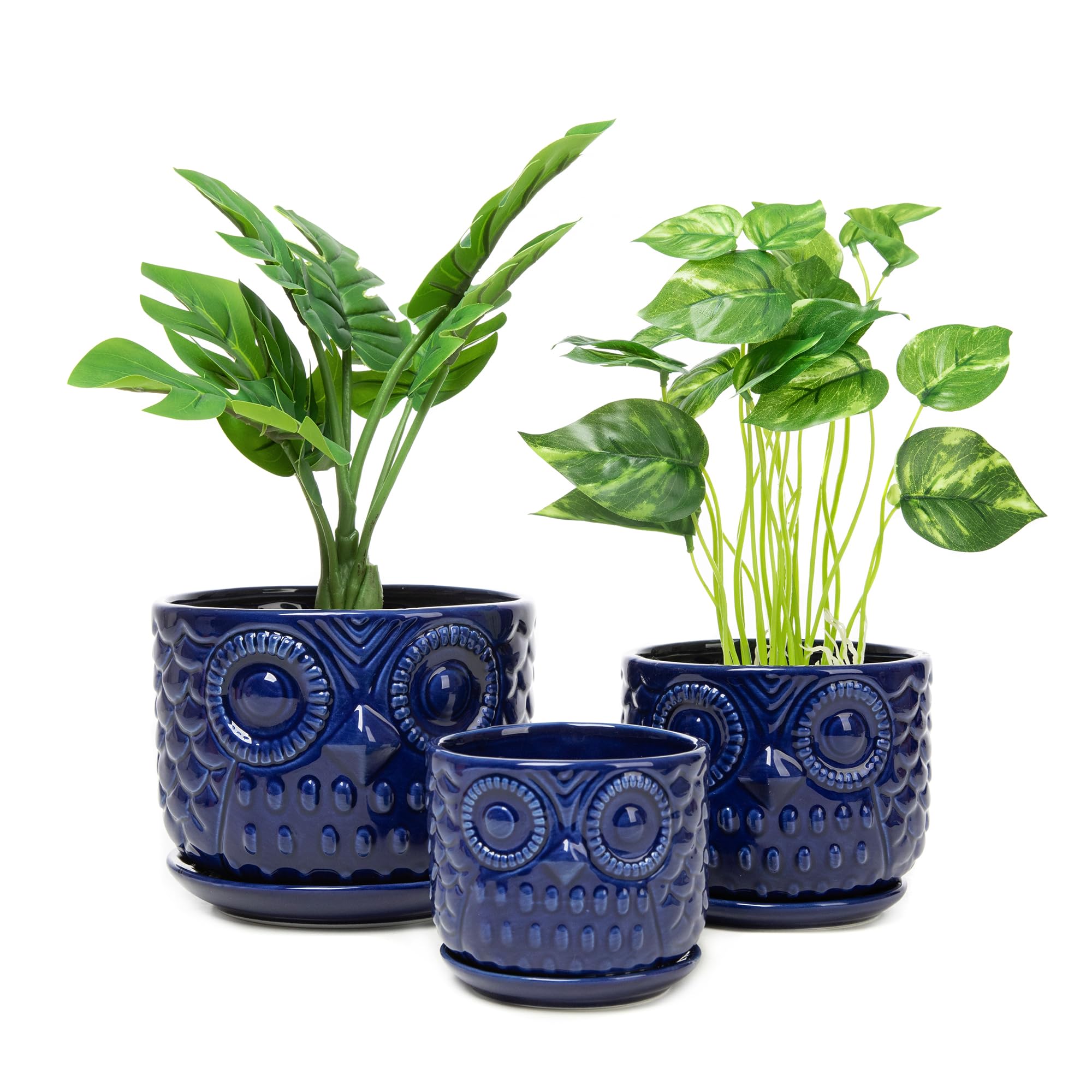 Vasi da fiori in ceramica, fioriere in ceramica con foro di drenaggio e sottovaso, moderne fioriere rotonde per piante grasse da interni con design a gufo, di piccole e medie dimensioni, set da