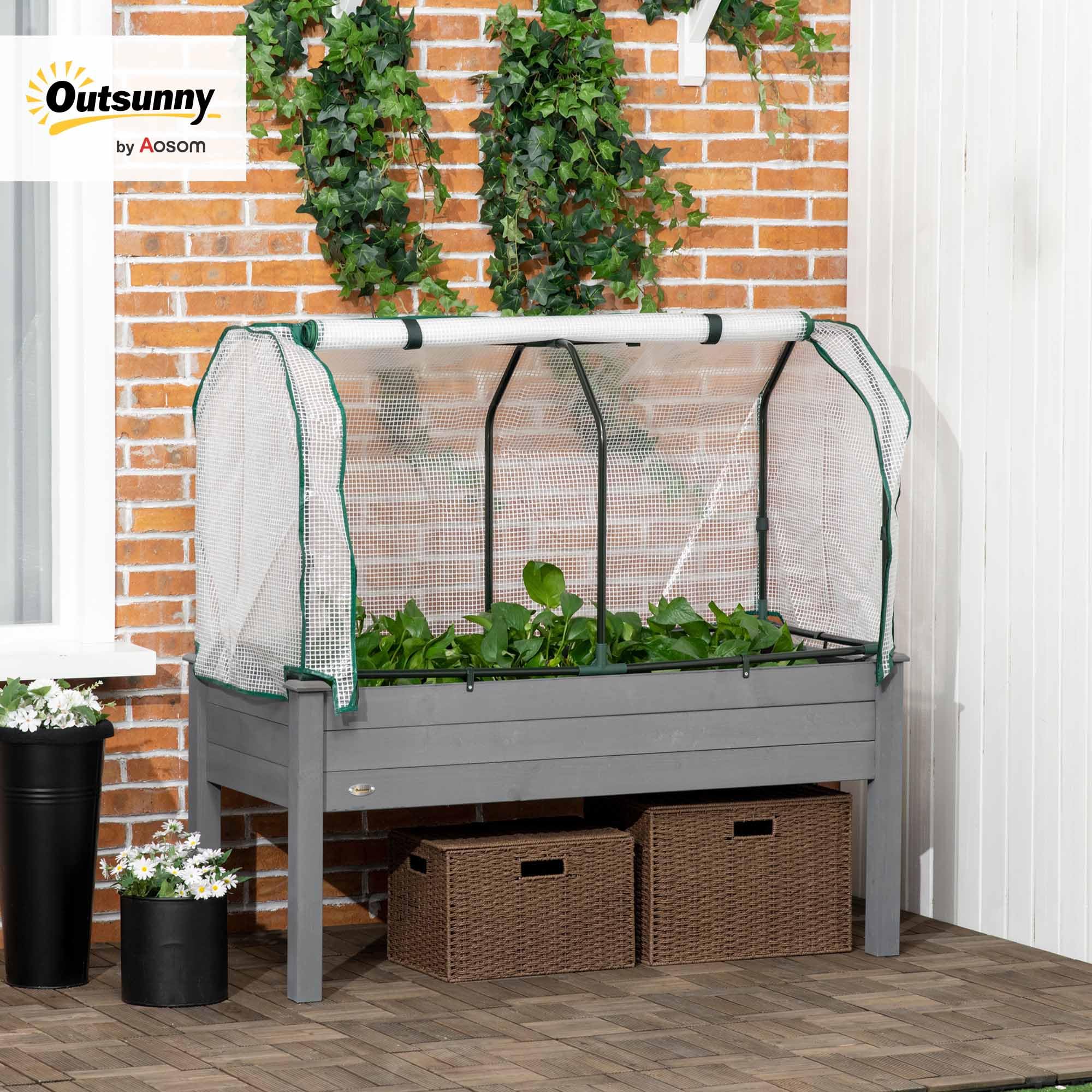 Outsunny Potager sur Pieds surélevé avec bâche en PE Jardinière surélevée Potager avec Serre Volume 104 L avec Trous de Drainage, Tissu Non tissé, pour Plantes Fleurs Légumes, 121x55x117cm Gris foncé
