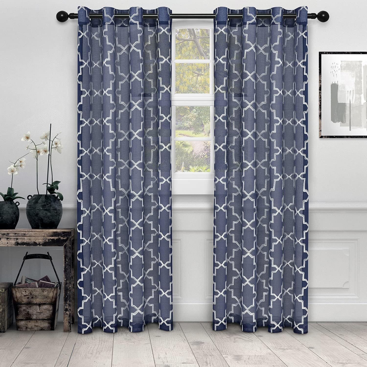 Superior Quatrefoil Embroidered Curtains, Window Accents, Perfect for Family Room or Bedroom, Classic, Modern, Traditional with Rod Pockets or Grommets, Curtain Set of 2 Panels, 52" X 84", Navy Blue