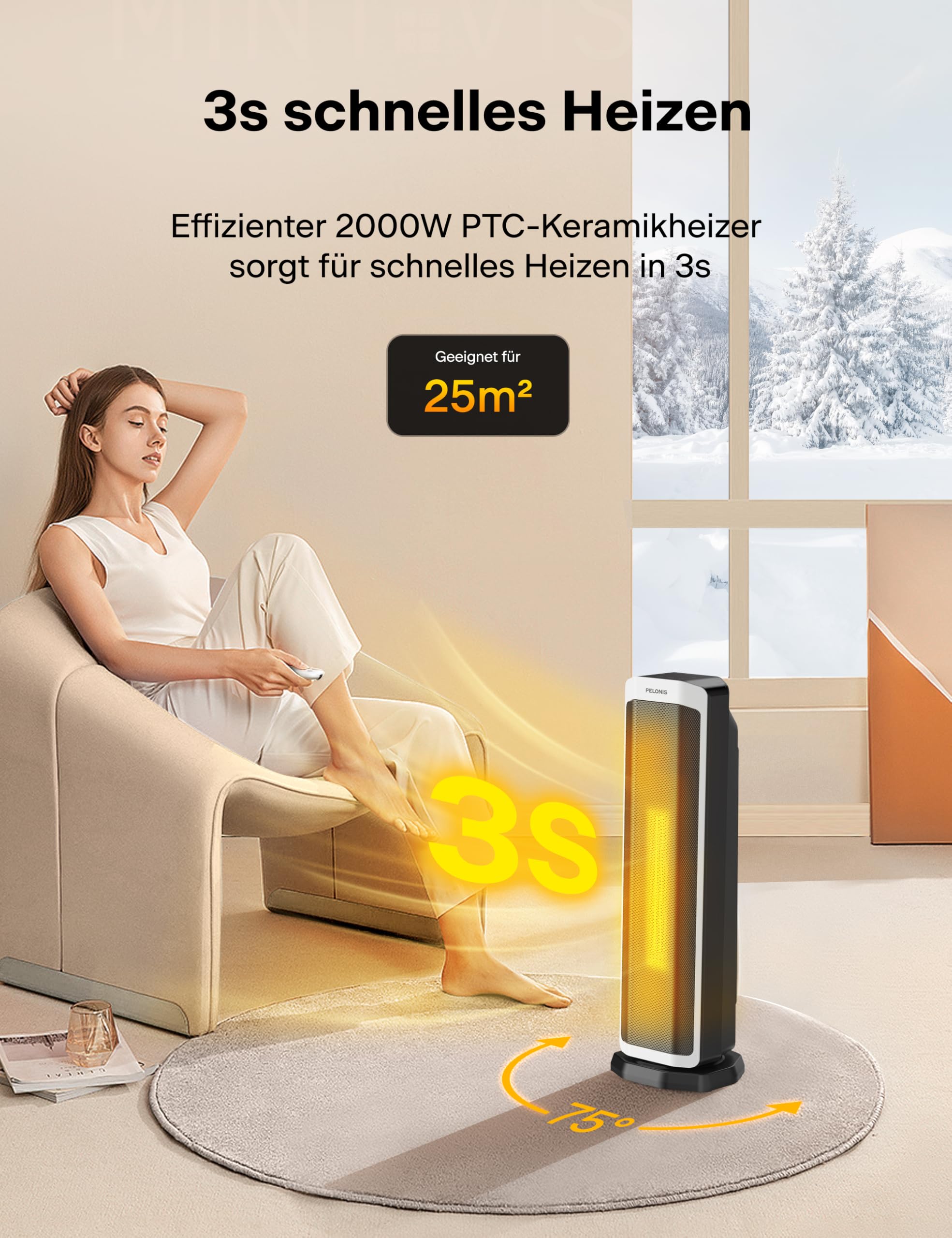 PELONIS Elektryczny termowentylator 2000 W z pilotem zdalnego sterowania, szybkie ogrzewanie 3S i tryb ECO, oscylacja 75°, regulowany termostat (5-35°C), timer 8 h, ciche ogrzewanie ceramiczne do