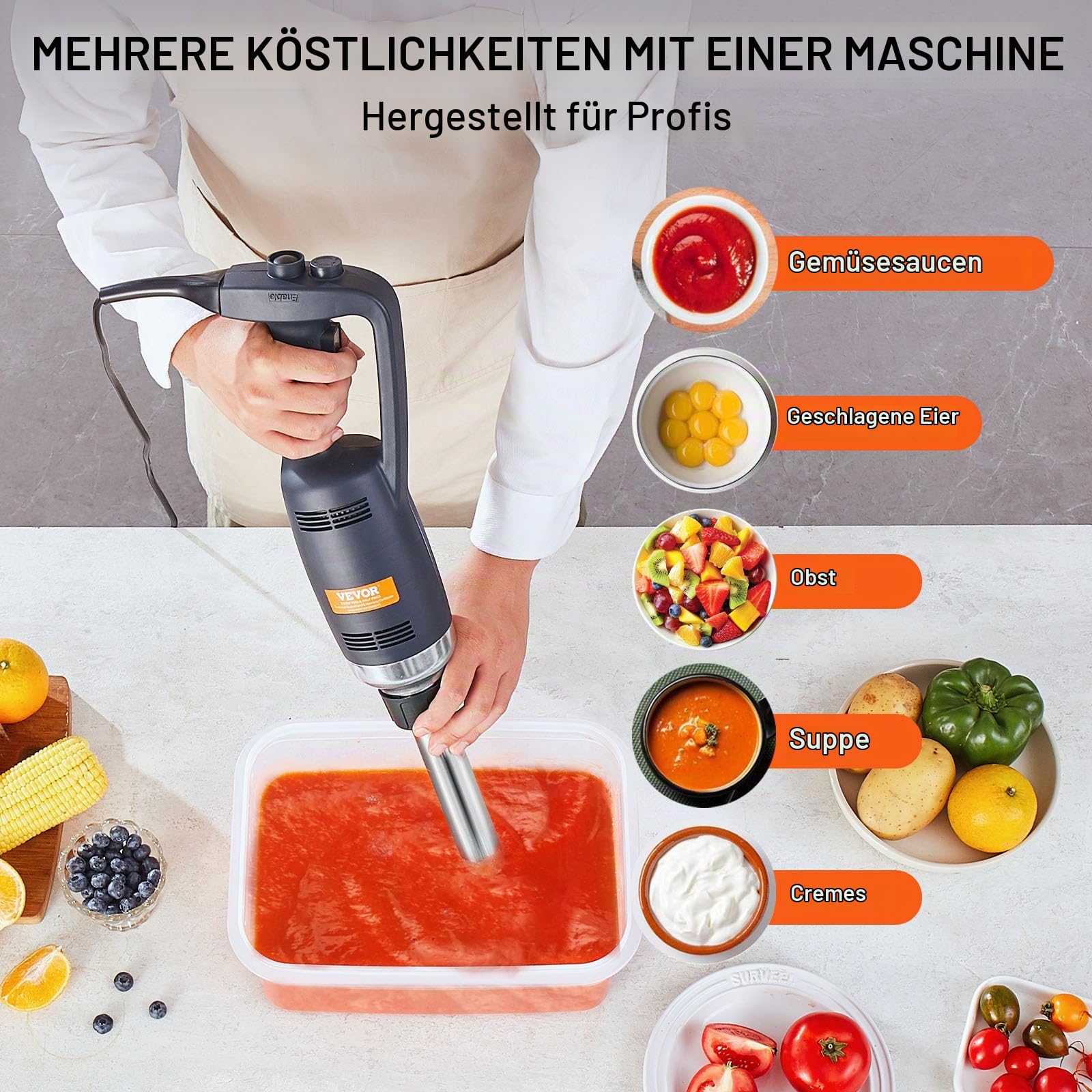 VEVOR kommerzieller Stabmixer Handmixer 350 W, 254 mm stufenloser Stabmixer mit variabler Drehzahlen und Edelstahlklinge, tragbarer Mehrzweckmixer für Suppen, Saucen, Kartoffelpüree, Sahne
