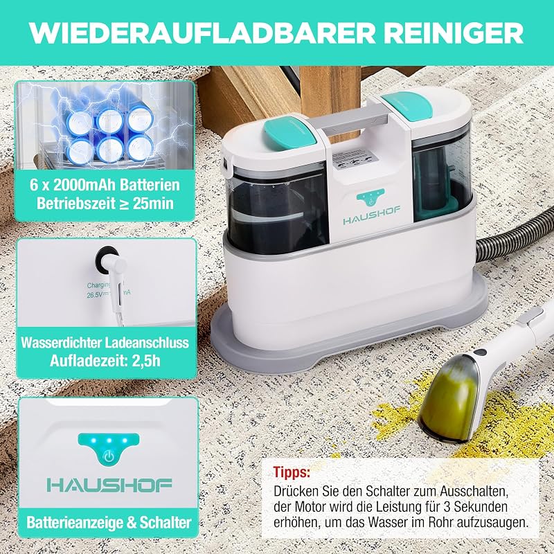 HAUSHOF StainZapper Air Akkumulátoros Folttisztító, 24V Kárpittisztító Gép, 12 kPa Szívóerő, 1,5L Tartály, Szőnyeg és Bútor Tisztítására