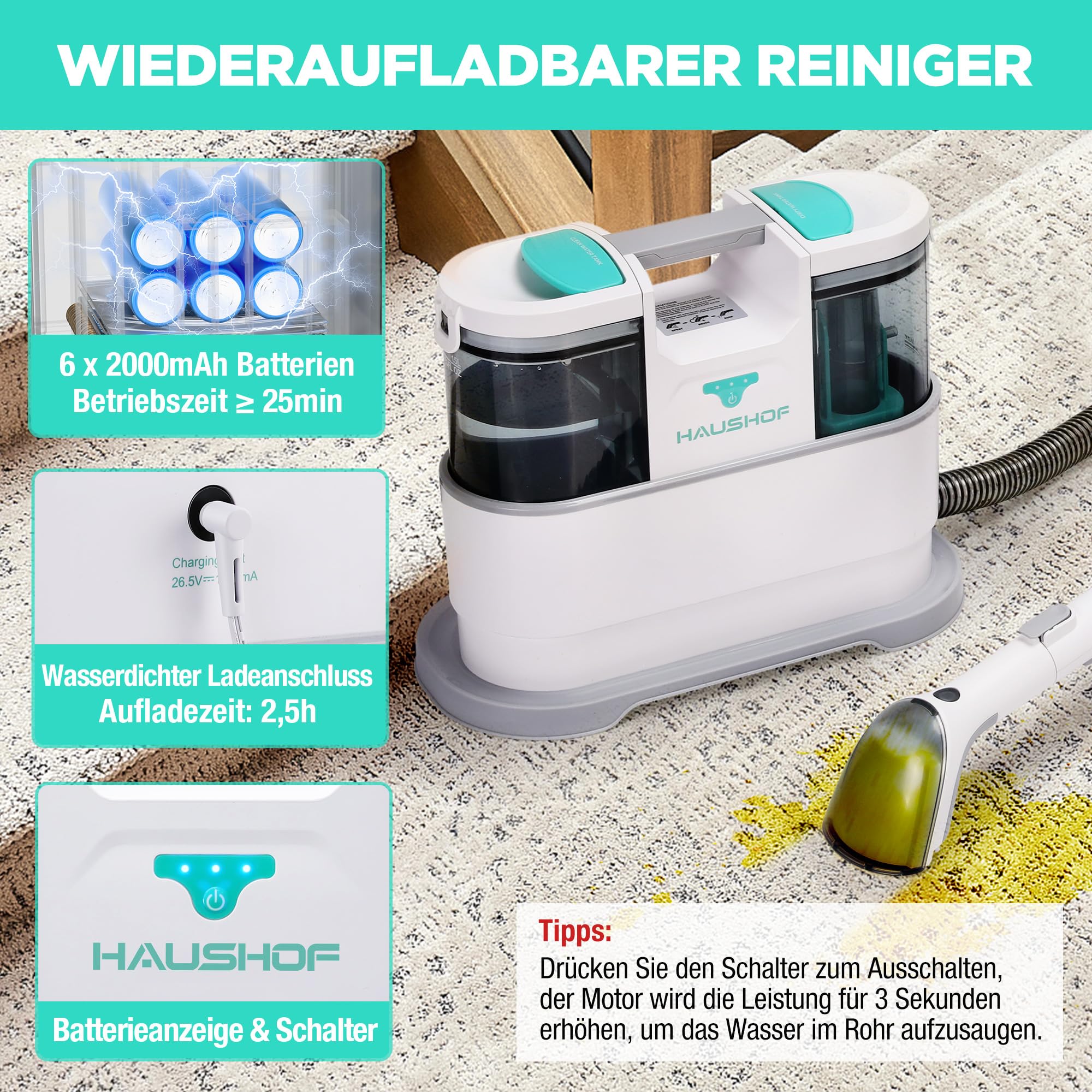 HAUSHOF StainZapper Air, Akku Waschsauger für Auto 12kPa, 24V Kabelloser Fleckenreiniger Teppichreiniger mit Reinigungsmittel 75dB, Polsterreiniger für Teppich, Sofa, Polster