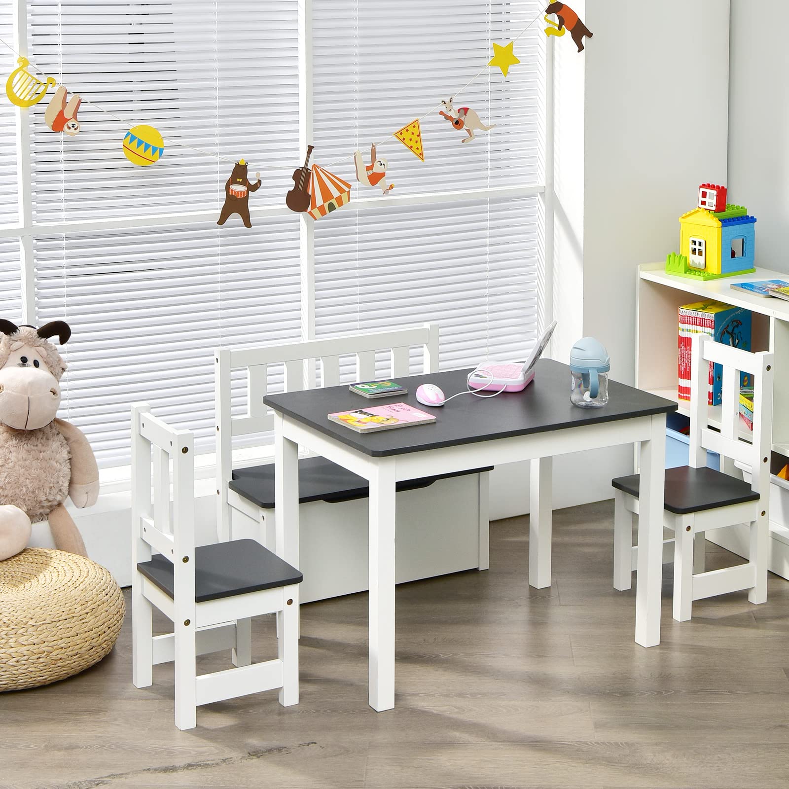 DREAMADE Kindertisch mit 2 Stühlen, Kindersitzgruppe mit 22L Strauraum, Kindertisch aus Holz, Kindertruhenbank Kindermöbelset Holzsitzgruppe für Kinderzimmer, Spielzimmer, Wohnzimmer (Grau)