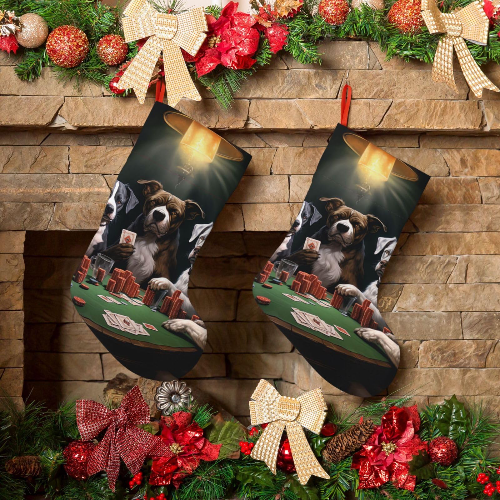 Fodpand Boys Black Playing Poker Dogs Christmas Stockings Hanging Ornaments For Holiday Decor, 18 Inches Velvet Fireplace Hanging Xmas Stocking, Candy Gift Bags For Christmas Decorations