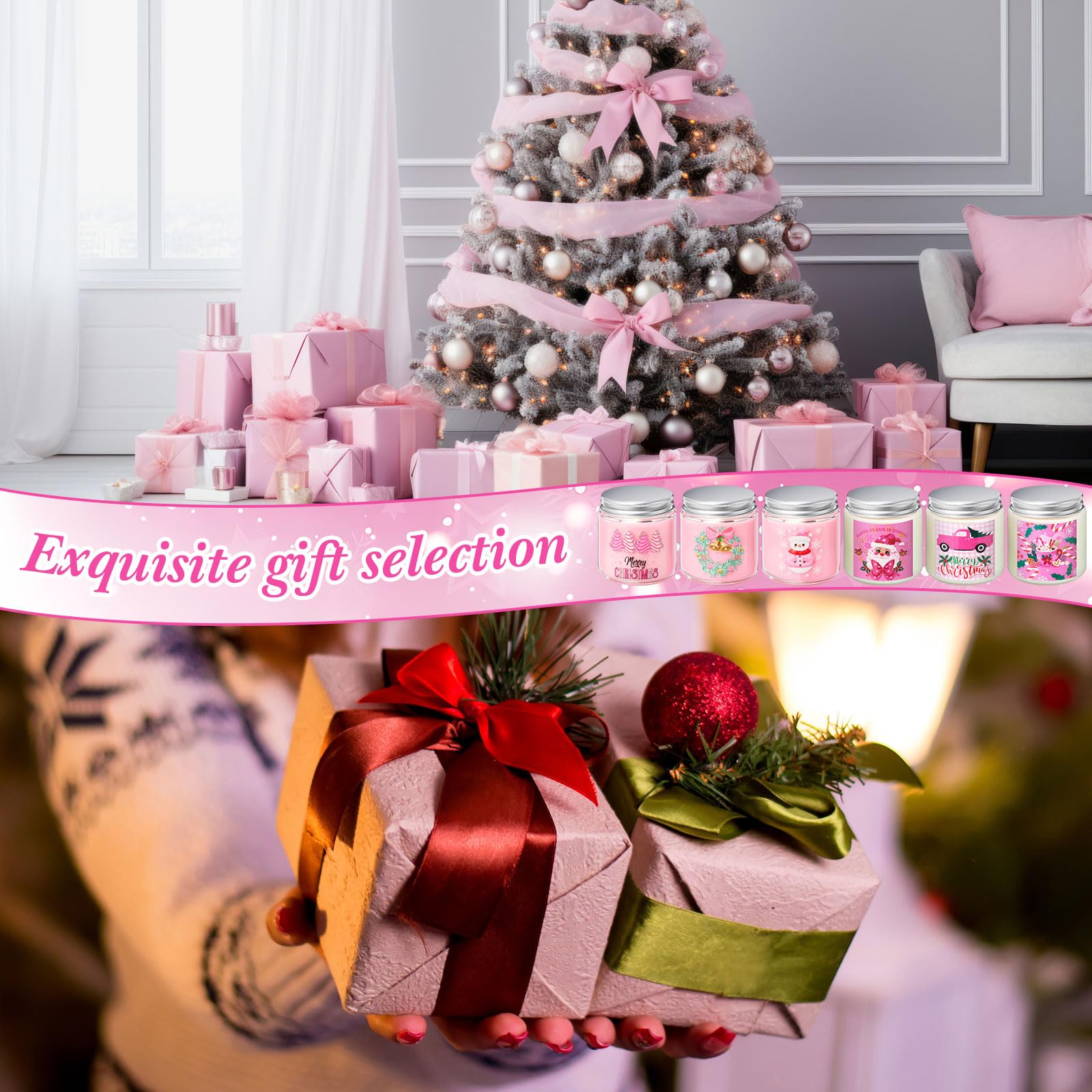 Sumind Confezione da 24 candele profumate di Natale rosa per la casa, regali di Natale per donne, 99,2 g, candele in barattolo di cera di soia naturale, includono 6 diversi profumi per Natale