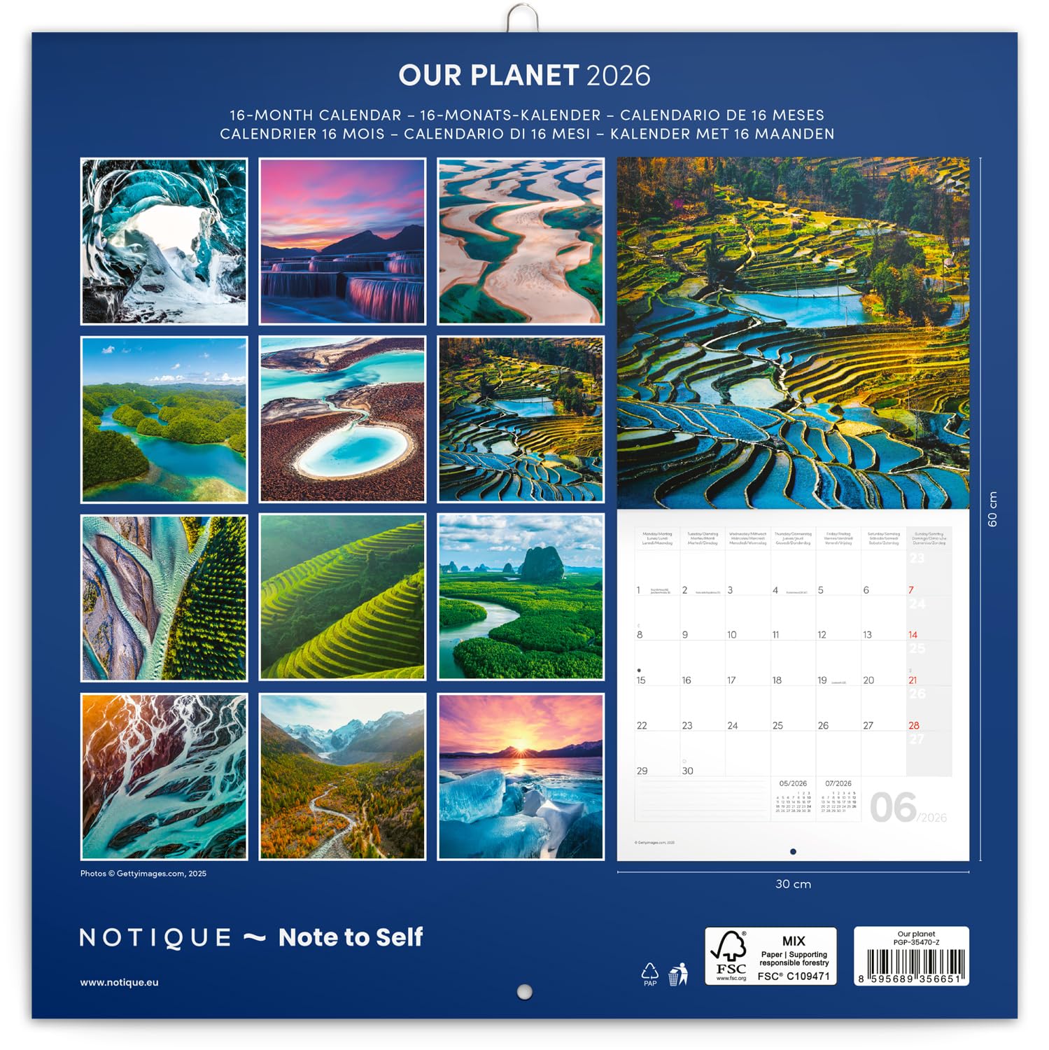 NOTIQUE Calendario da parete 2026 Il nostro pianeta, calendario mensile in brochure, design estetico 30 x 30 cm (aperto 30x60)