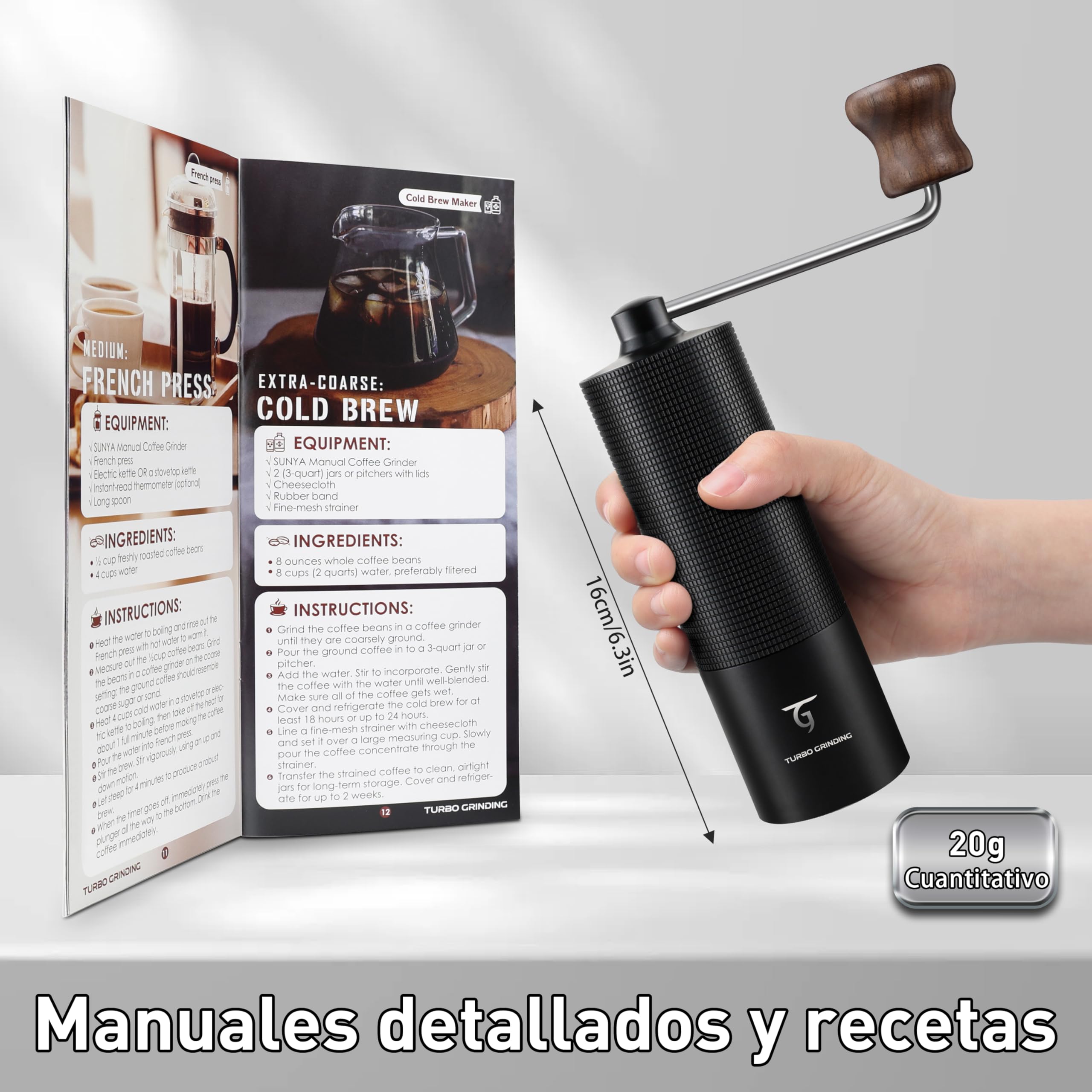 SUNYA Molinillo de Café Manual con Cónica de Acero Inoxidable incluye un Recetario de Café Molino de Cafe Portátil con Molido Preciso Ajustable, Negro (MCG-02 Negro)