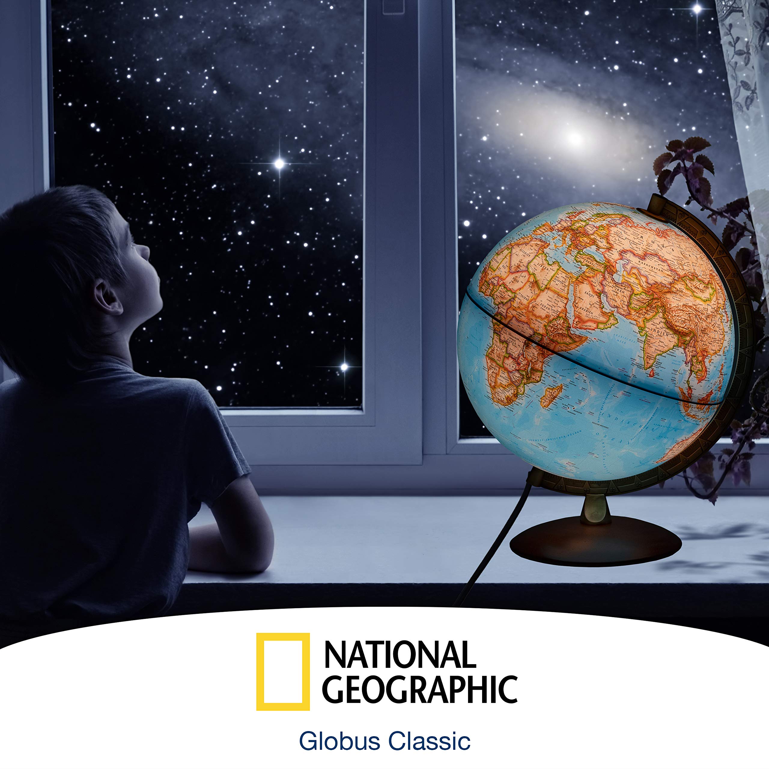 National Geographic - Leuchtglobus im klassischen Stil - 30cm Globus mit stabilem Standfuß und Metall Meridian, Kartenbild 2026 physikalisch/politisch mit LED Leuchte, aktuelles deutsches Kartenbild