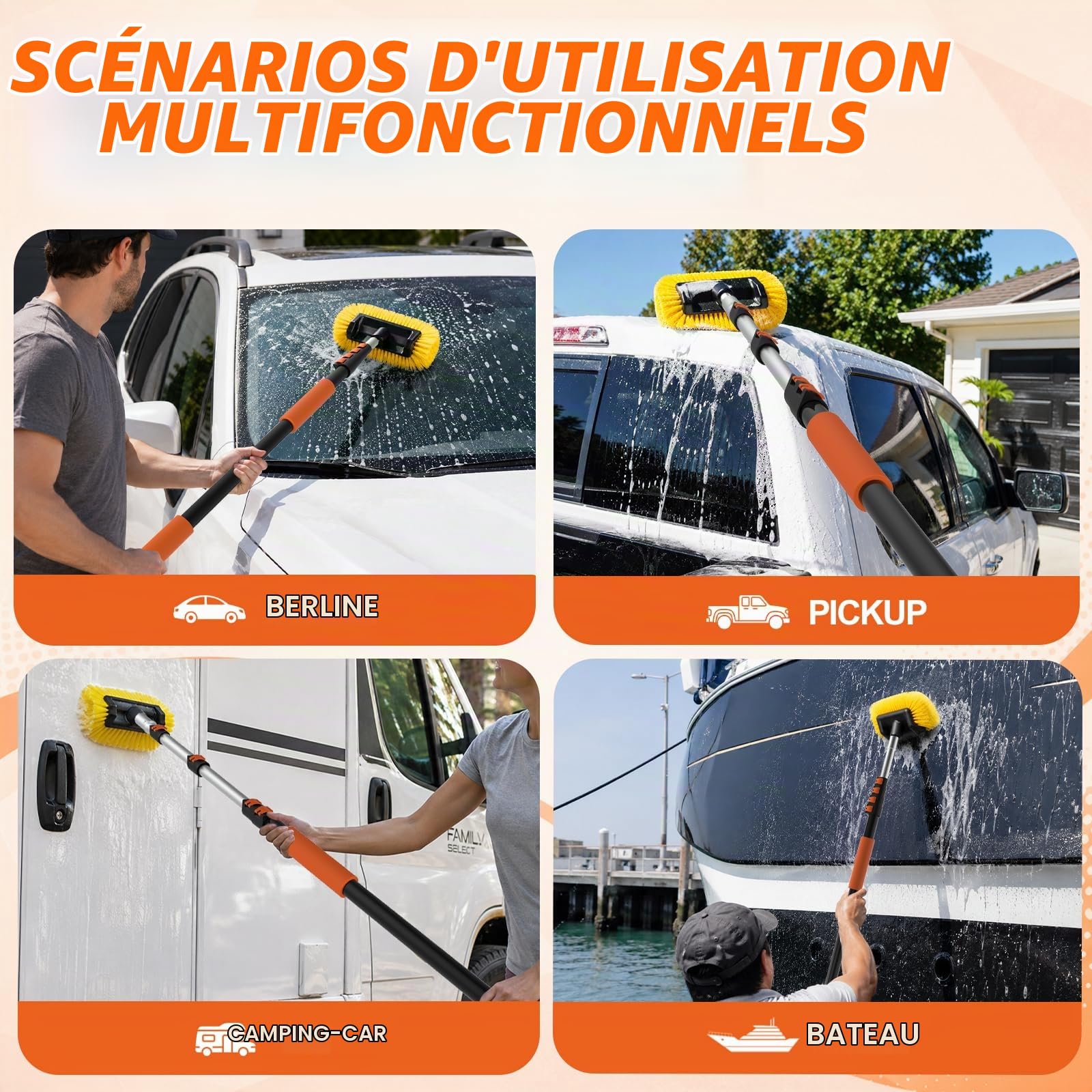 SISUPASSIE Brosse Lavage Voiture Télescopique 4,8m - Brosse Nettoyage Voiture avec Perche Télescopique Et Tête De Brosse Souple 30cm, Brosse Télescopique pour Voiture, Caravane Et Panneau Solaire