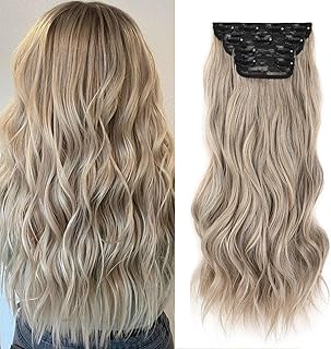 Mscat 16 Inch Wavy Hair Extensions - Ash Brown & Blonde Clip-Ins, 4PCS Full Head Set, Thick Curly Wavy Synthetic Hair