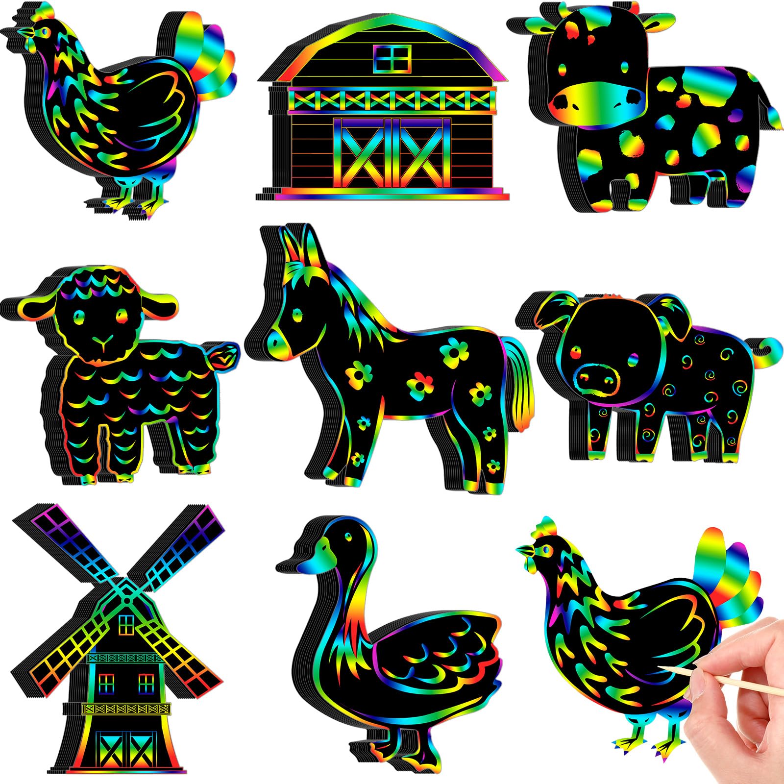 RoundFunny 80 Pcs Farm Animal Scratch Cards Farmhouse Crafts Kids Colorful Scratch Paper for DIY Art Kit with 80 Pcs Stick and Ribbon for Party Ornaments Favors