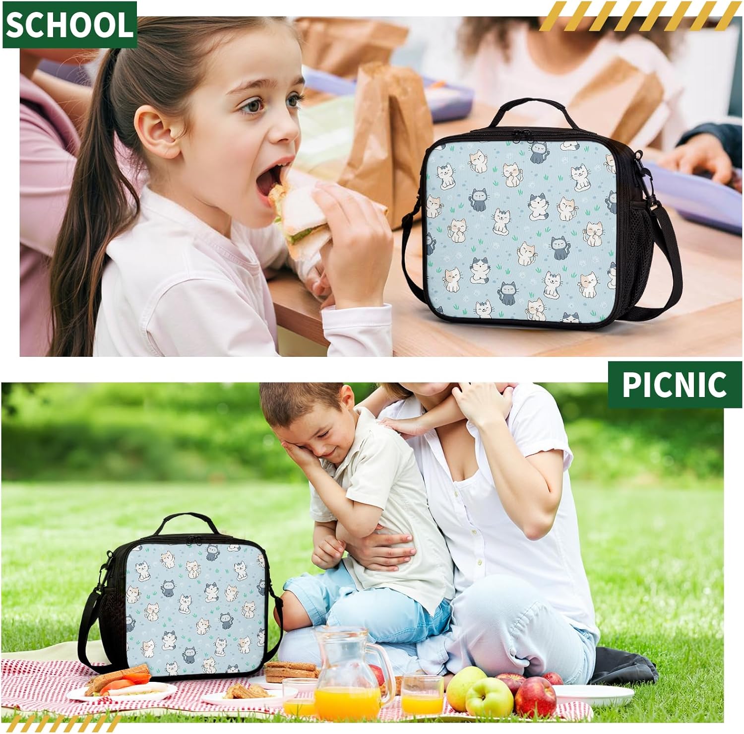 Cute Blue Cat Kids Lunch Box for Boys Girls Kawaii Kitten Insulated Lunch Bag Reusable Thermal Lunchbox Leakproof Cooler Tote Bag for School Office Picnic Travel - Image 7