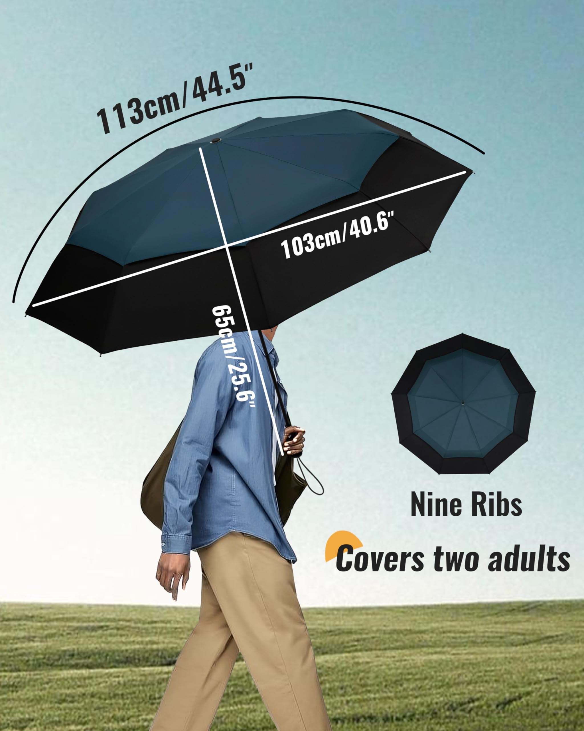 Chakipee Ombrello Pieghevole Pioggia da Viaggio Antivento - Ombrelli Portatile per Uomo Doppio Baldacchino Ventilato, Automatico Apri Chiudi, 9 ossa Rivestimento in Tessuto 210T Apertura 102 cm