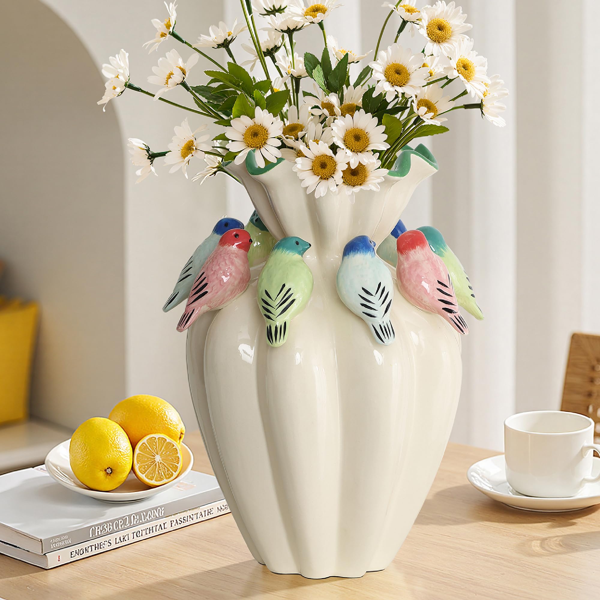 Hometopia Keramikvase Weiß, Moderne Blumenvase groß mit bunten 3D-Vögeln, extravagante Tischvase für Frischblumen, Trockenblumen & Pampasgras, 38,8cm