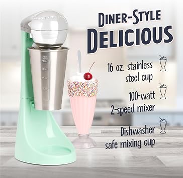 Nostalgia Two-Speed Electric Milkshake Maker and Drink Mixer, Includes 16-Ounce Stainless Steel Mixing Cup & Rod, Jade Green