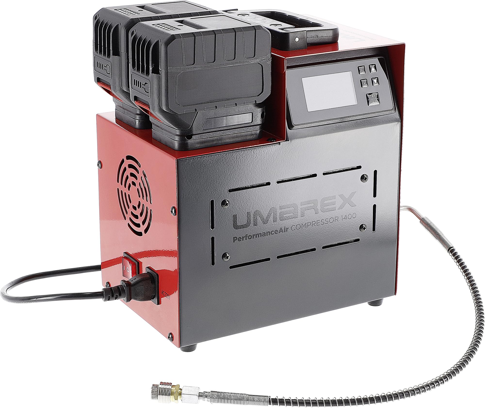 Umarex PerformanceAir 1400 PCP Compressore PCP, compressore portatile ad alta pressione fino a 300 bar, batteria o funzionamento a 230 V, connettore Foster, include 2 batterie agli ioni di litio e