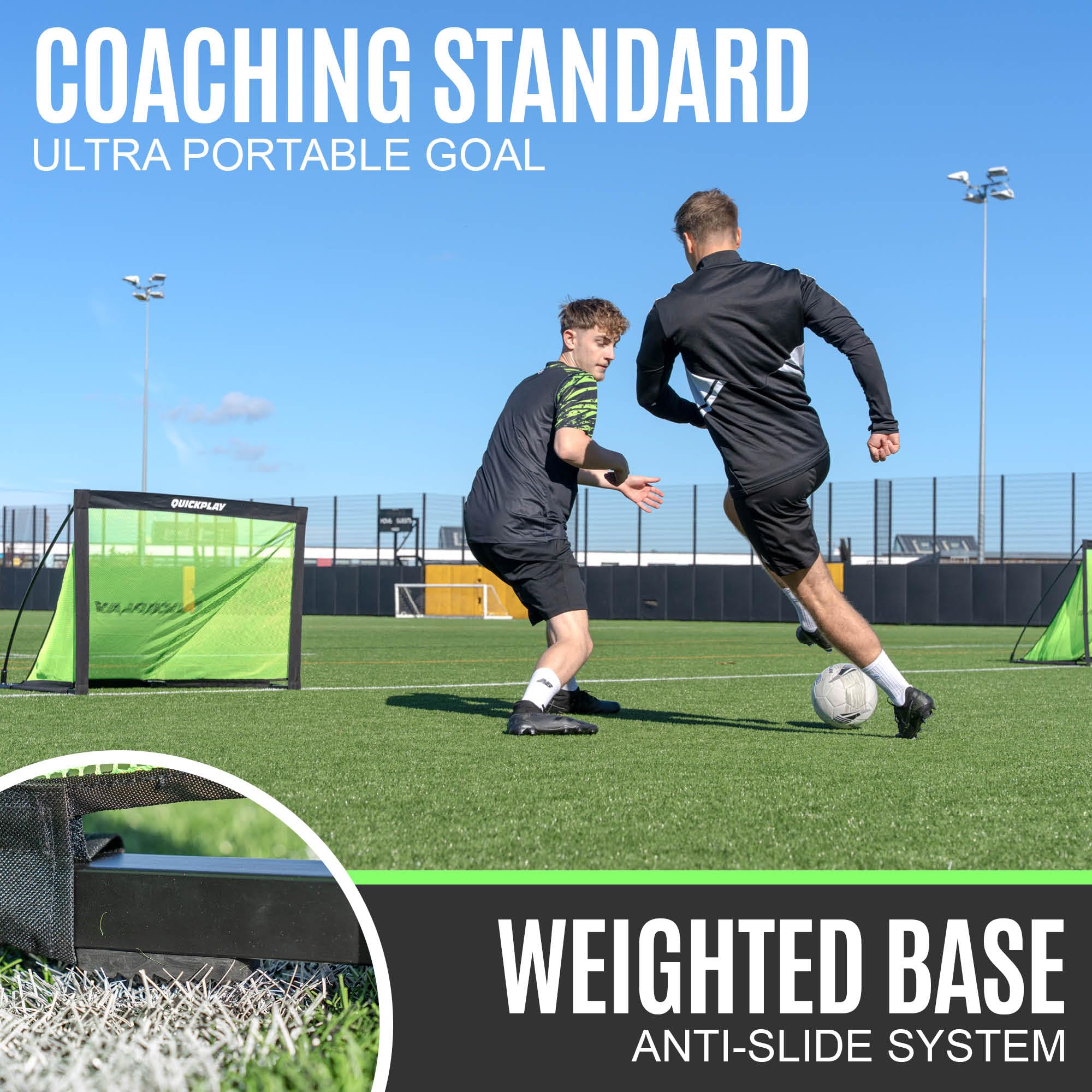 QuickPlay Kickster Pro Portable Football Goals for 3v3 Training, Matches & Instant Play - 20 Second Setup Folding FlexiGoal, Weighted Base, Indoor and Garden Football Goals with Pre-Attached Net - 5