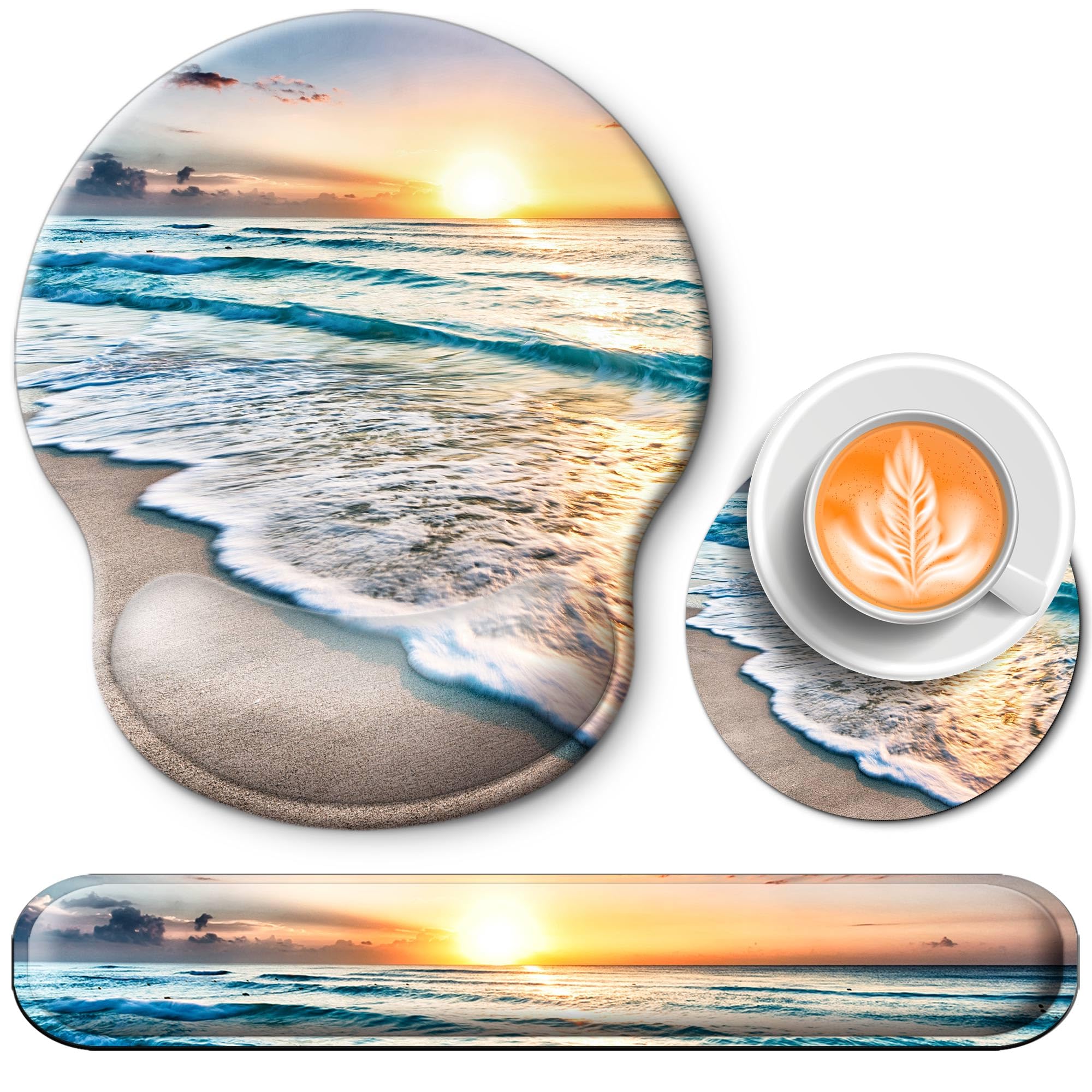 Mouse Pad and Keyboard Wrist Rest Support, with Non-Slip PU Base,Gel Mouse Pad with Coaster,Pain Relief for Gaming, Computer,Office -Beach