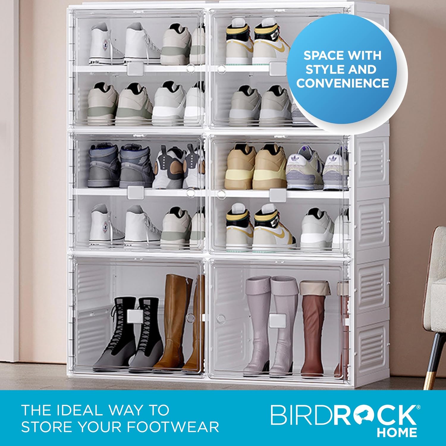 BIRDROCK HOME Shoe Rack Organizer for Closet Floor | 5 Tiers Foldable Freestanding Storage Cabinet w/ 8 Wide/Small Clear Storage Cubes & 2 Large Cubes with Doors for Boots, Heels, Sneakers, Loafers
