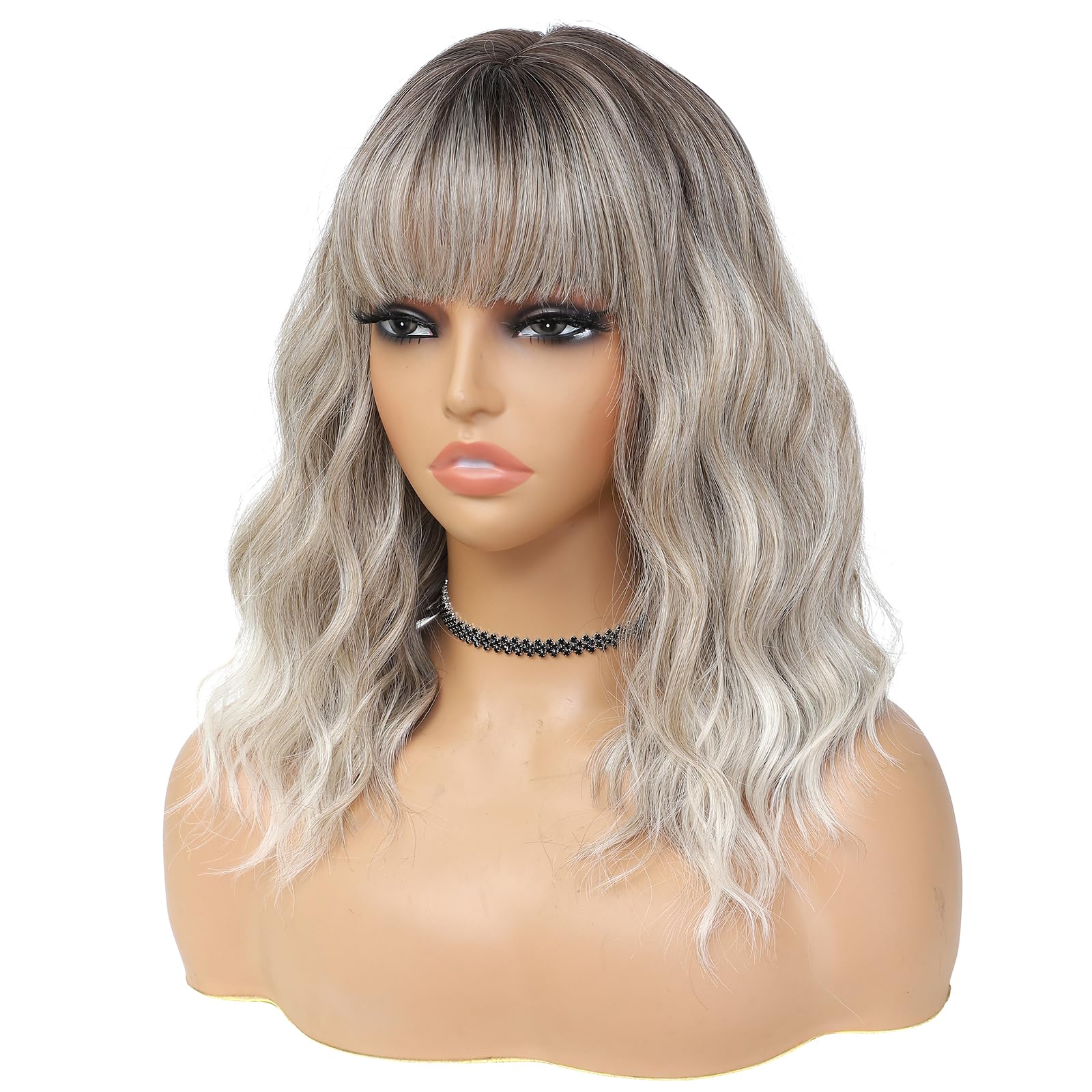 BEAUTIFA Ombre Gray Mix Blonde Wig with Bangs for Women 14 Inch Shoulder Length Short Bob Wavy Curly Wig Gray Mix Blonde Wig Heat Resistant Synthetic Wigs