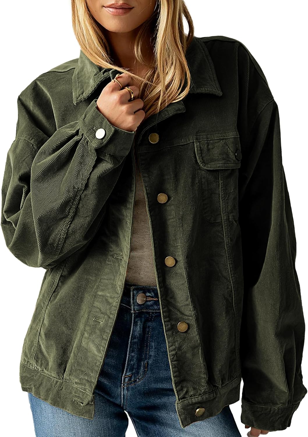 Women's Corduroy Shacket Oversized Jacket Vintage Button Down Shirt Jacket with Chest Pockets Fall Winter Layering - Image 2