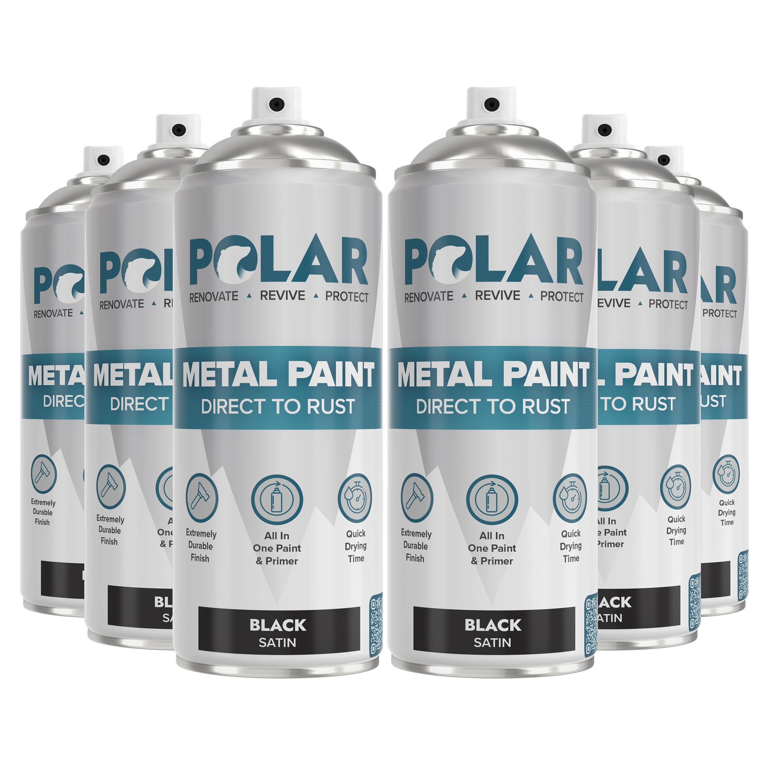 Polar Metal Spray Paint - 6 x 13.5 Fl oz | Satin Black | Protect and Stop Rust & Corrosion | Primer, Undercoat, Topcoat for Interior & Exterior Use | Black Spray Paint for Metal, Wood & Plastic