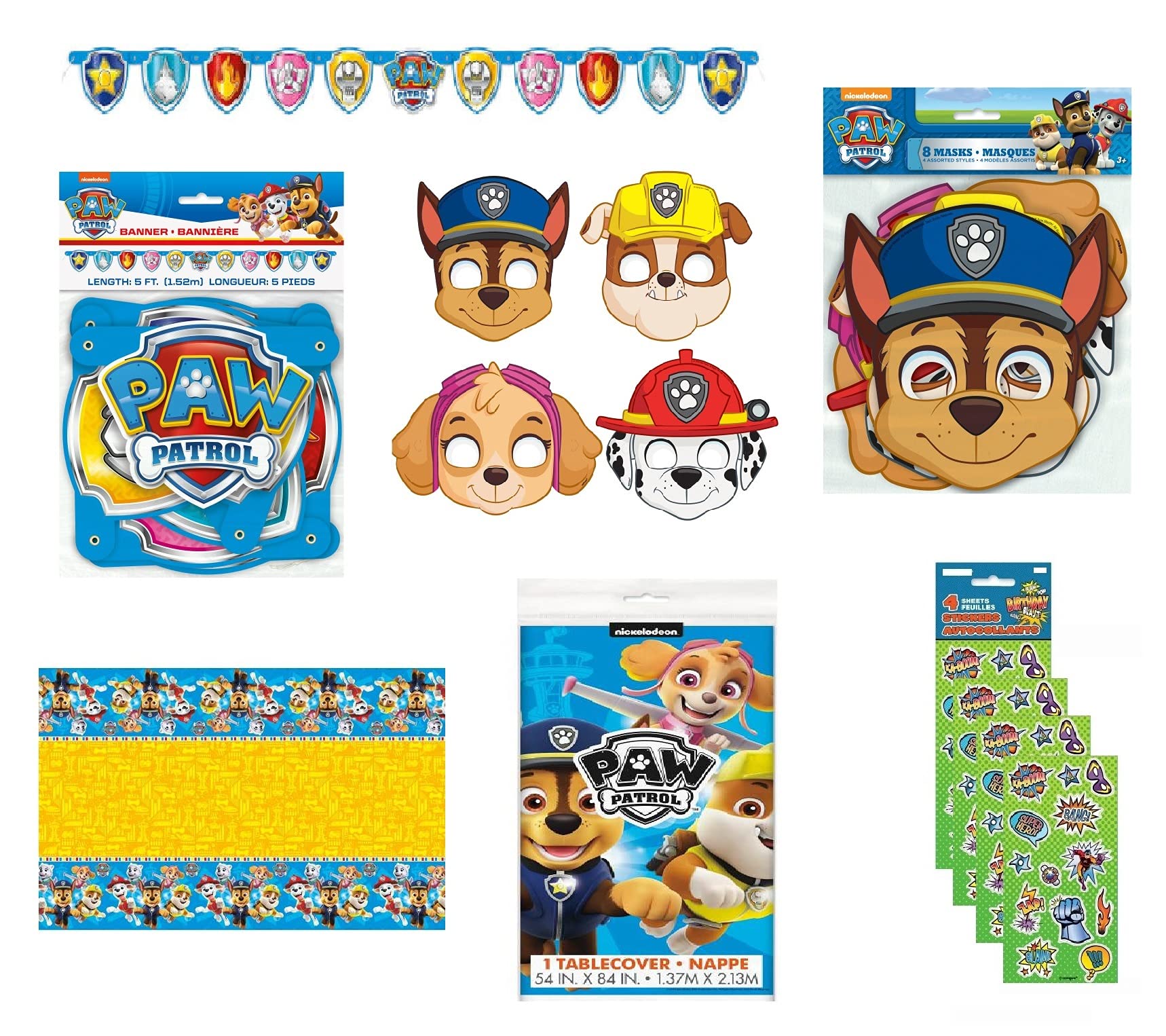 Paw Patrol Birthday Party Supplies Decoration Bundle includes Jointed Banner, Table Cover, Party Masks, 1 Dinosaur Sticker Sheet