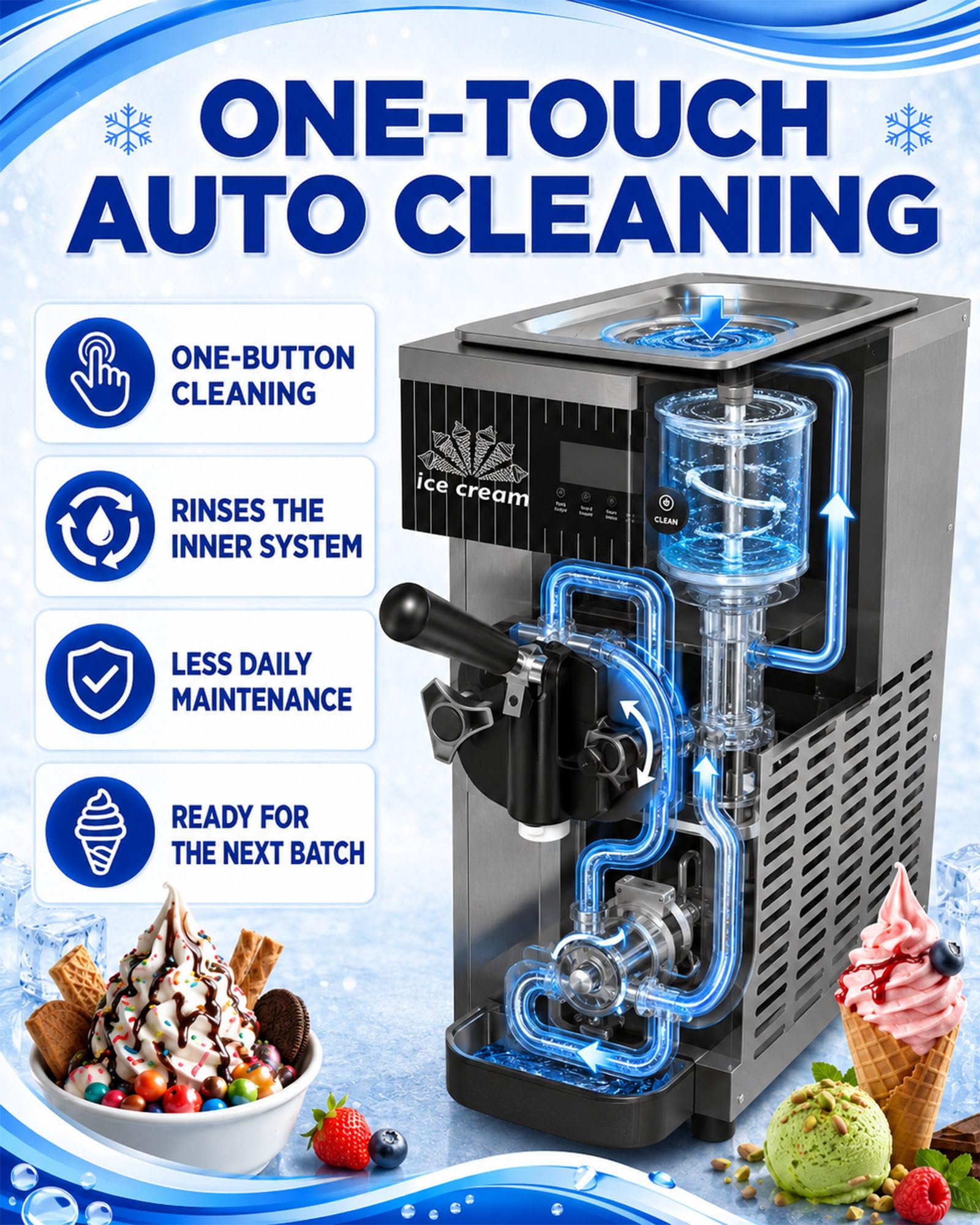 Máquina De Helado Suave, 450 W, Eléctrica, De Sobremesa, De Un Solo Sabor, 4-5 L/H, Tolva De 2,5 L, Congelación Rápida En 10 Minutos, Acero Inoxidable, Autolimpiante