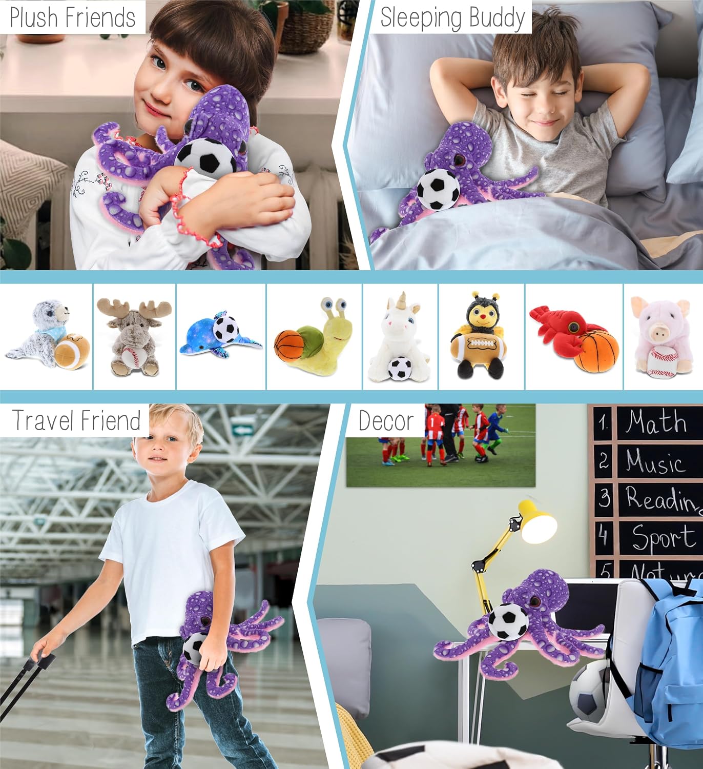 DolliBu Purple Octopus Stuffed Animal with Soccer Ball Plush - Soft Huggable Octopus, Adorable Playtime Plush Toy, Cute Wildlife Gift, Super Soft Plush Doll Animal Toy for Kids and Adults - 12 Inches