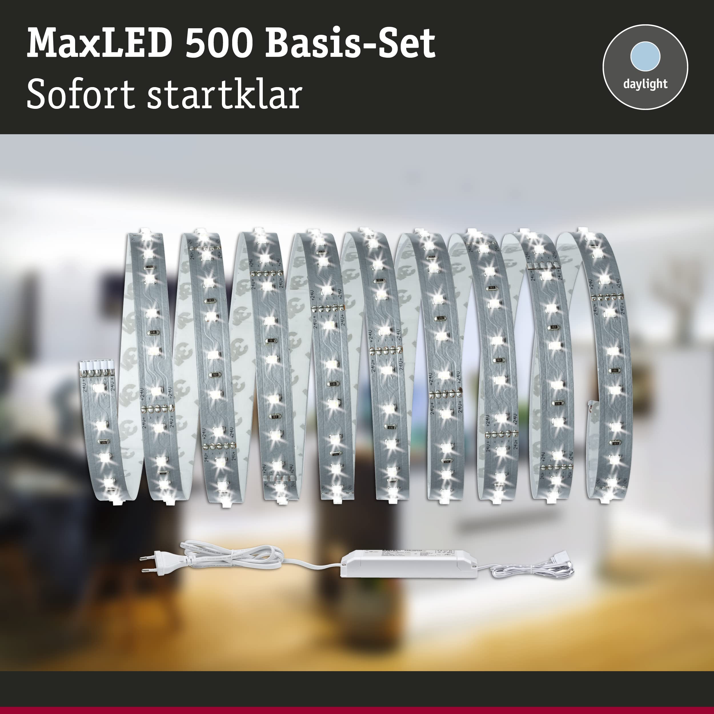 Paulmann 70580 Strip LED MaxLED 500 juego básico incl. tira de luz 1x17 W, regulable, plateado, cinta de luz, metal, cinta de LED 6500 K