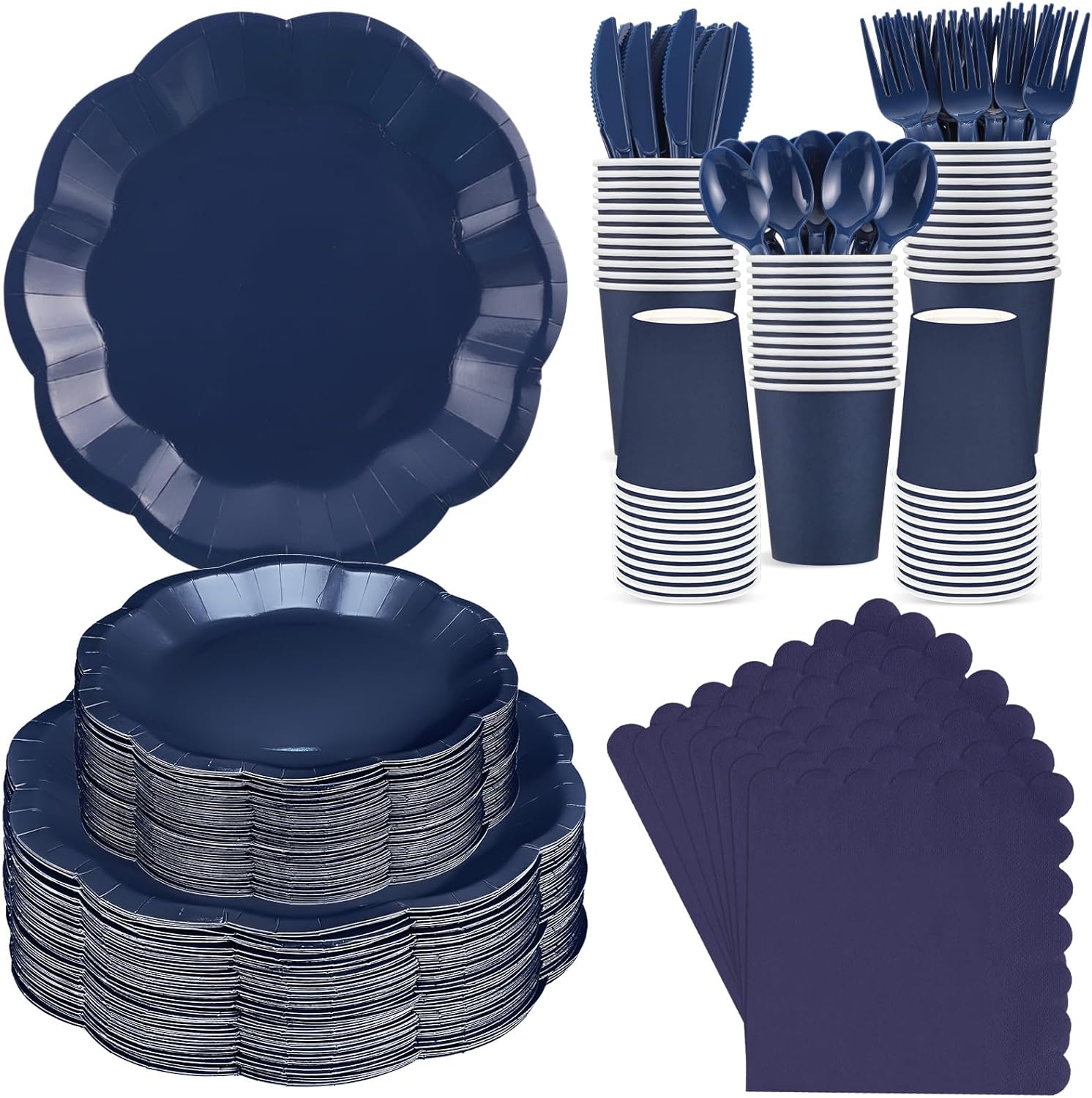 350 Pcs Navy Blue Plates and Napkins Set, 50 Guest Navy Blue Party Supplies Include Scalloped Plate Paper Napkin Cup Forks Knives Disposable Plastic Cutlery for Wedding Baby Shower Birthday Party