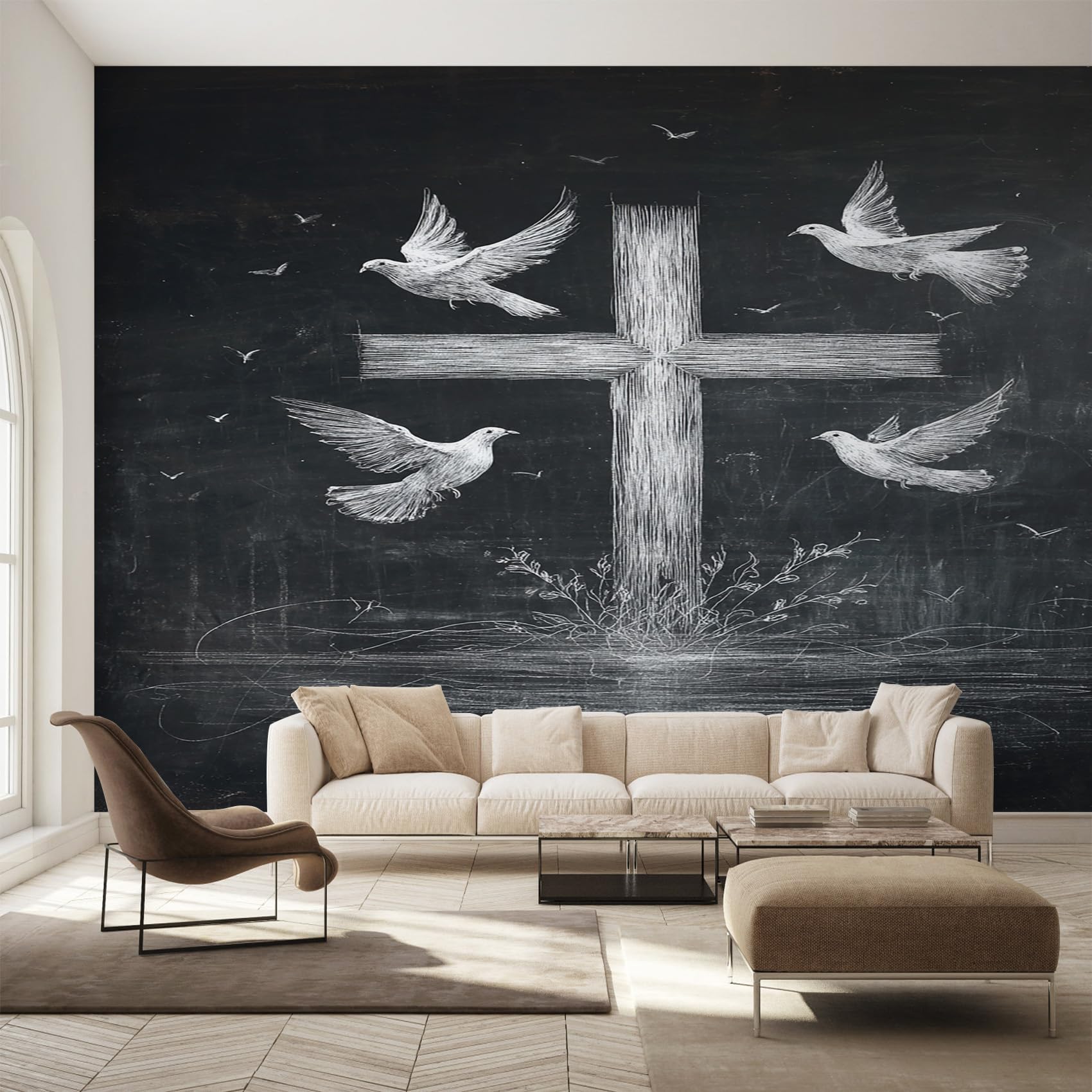 Fresque murale intissée croix chrétienne et colombe au design artistique ssh-37