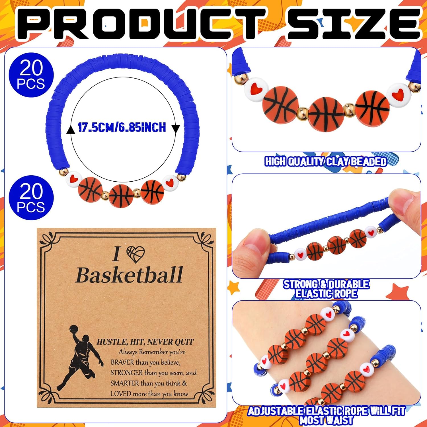 20 Set Basketball Bracelets Gifts Basketball Party Favors Bead Bracelets Team Gift with Inspirational Card for Senior Night Gifts Sport Team Lovers Players Birthday Party - Image 2
