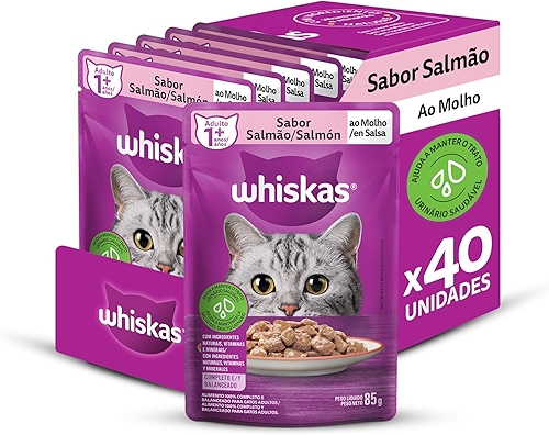 Pack Ração Úmida Whiskas Sachê Salmão ao Molho para Gatos Adultos 85 g - 40 unidades