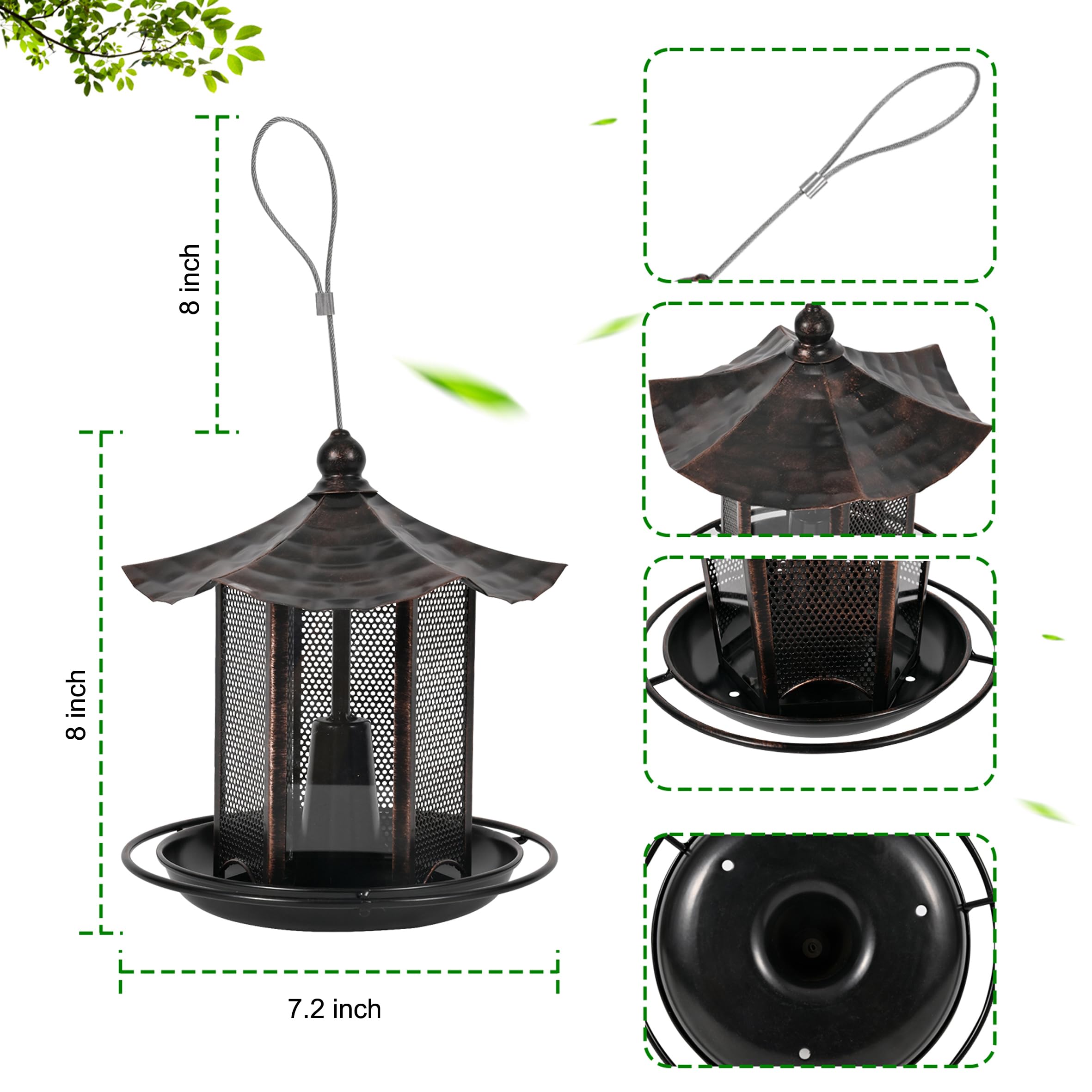 CVHOMEDECO. Mangiatoia per uccelli per esterni da appendere in metallo per uccelli selvatici, decorazione esterna da giardino a forma esagonale con tetto, rame antico