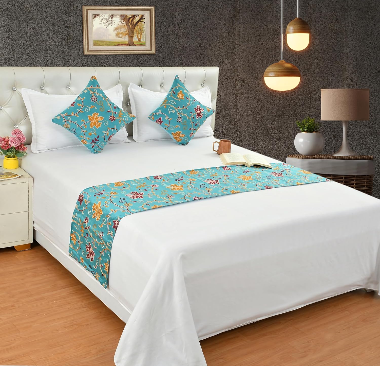 Hand Embroidered Bed Runner Scarf with Matching Cushion Covers (Aqua)-image-2