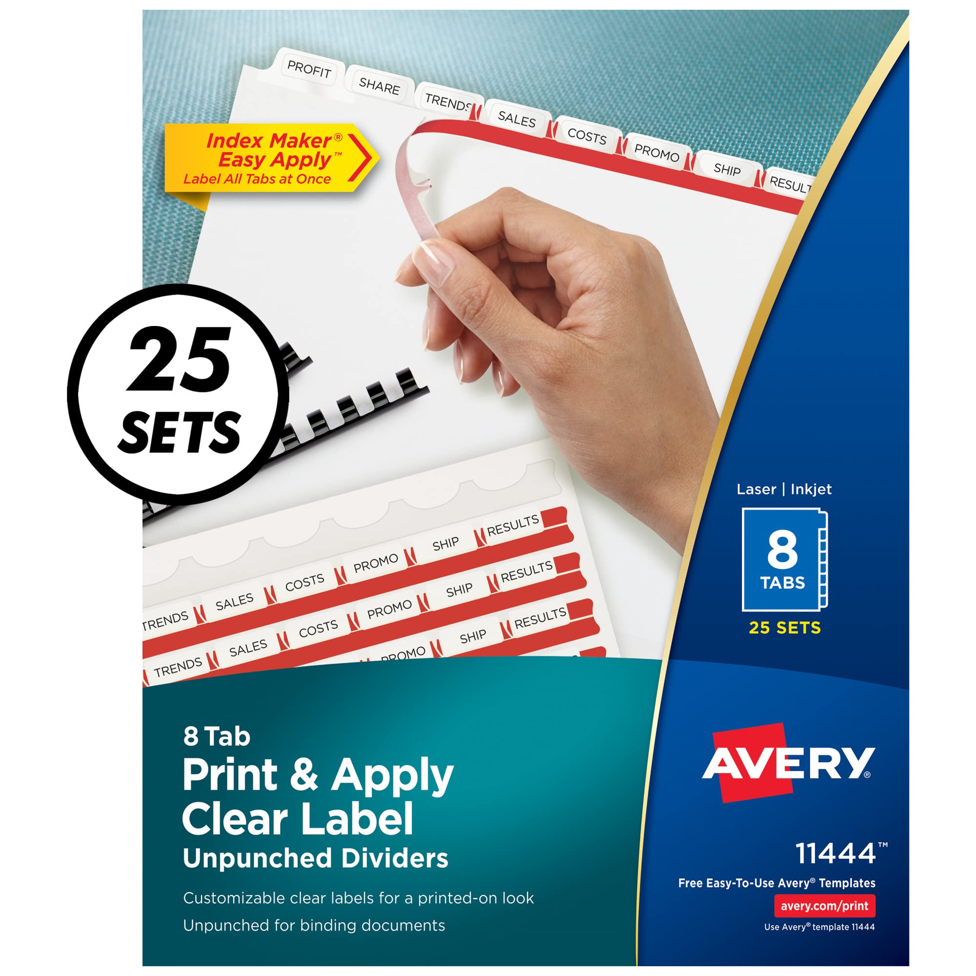 Avery 8 Tab Unpunched Dividers for Use with Any Binding System, Easy Print & Apply Clear Label Strip, Index Maker Customizable White Tabs, 25 Sets (