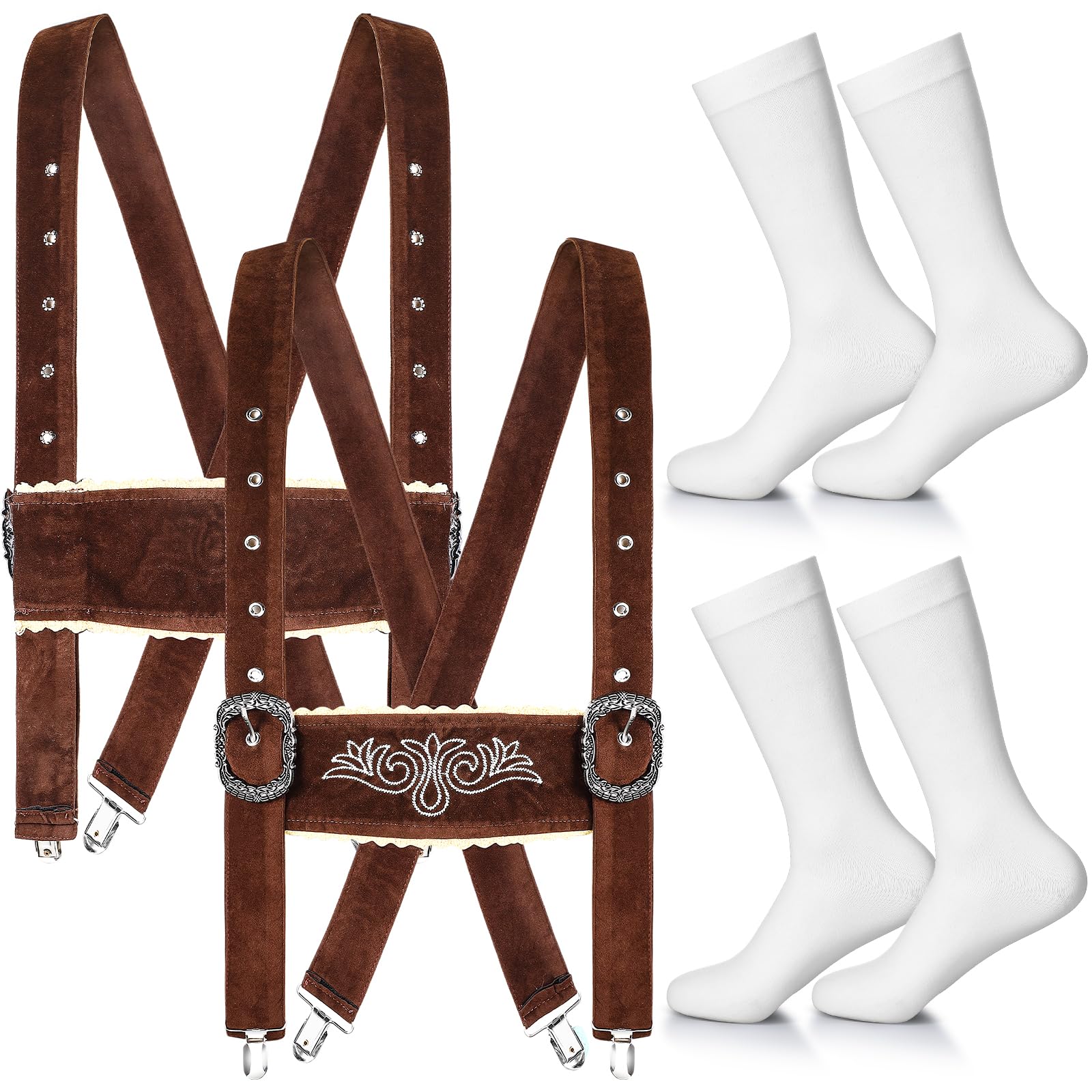 Xtinmee 4 Pcs Oktoberfest Bavarian Suspenders Knee High Socks Set Includes 2 Pcs Classic Men Suspenders 2 Pairs Long over the Calf Dress White Stockings for Boys Lederhosen Trousers