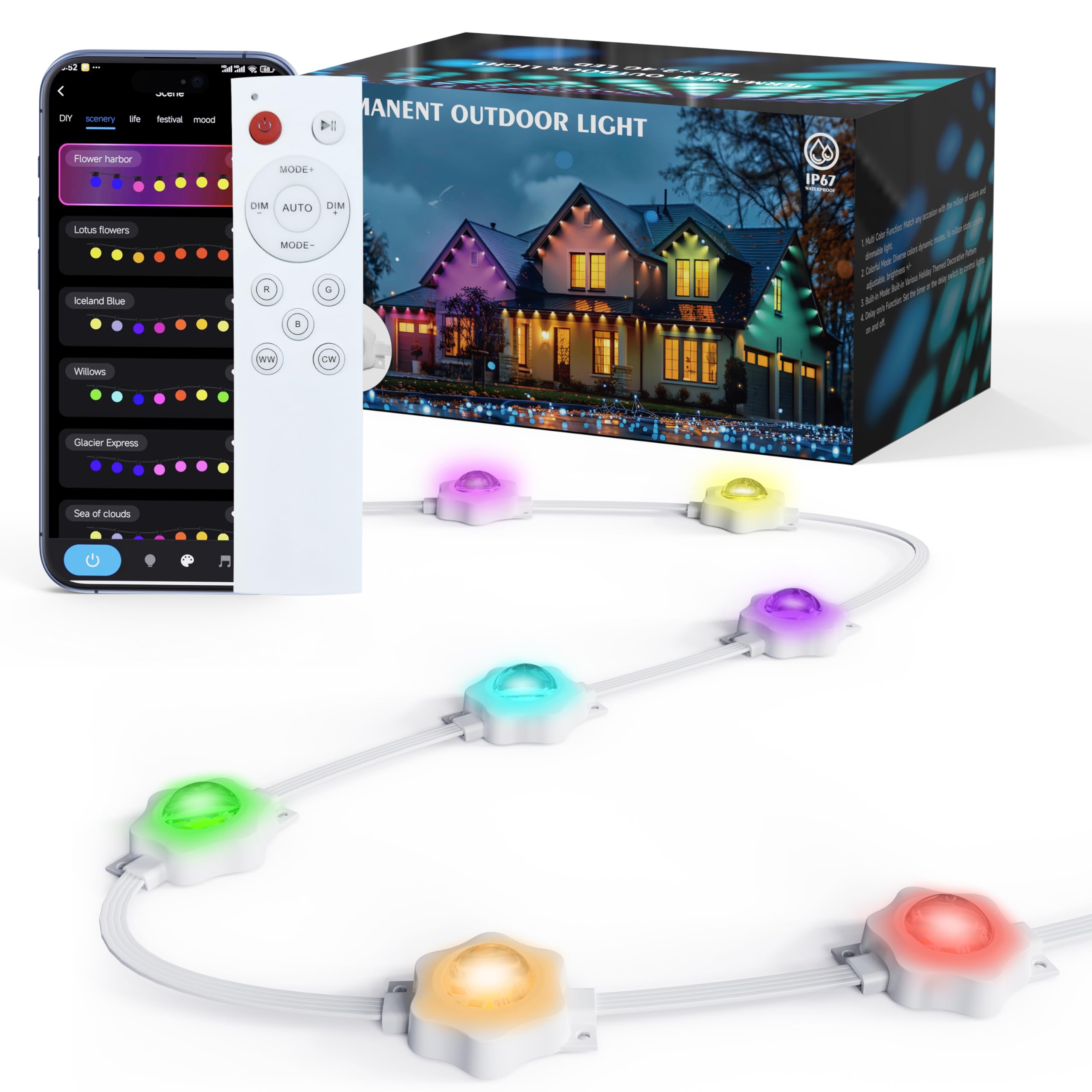 Luces de Navidad permanentes – Luces permanentes para exteriores de 50 pies para casa, IP65 impermeables LED permanentes luces de Navidad para exteriores, luces RGB para decoración de Navidad