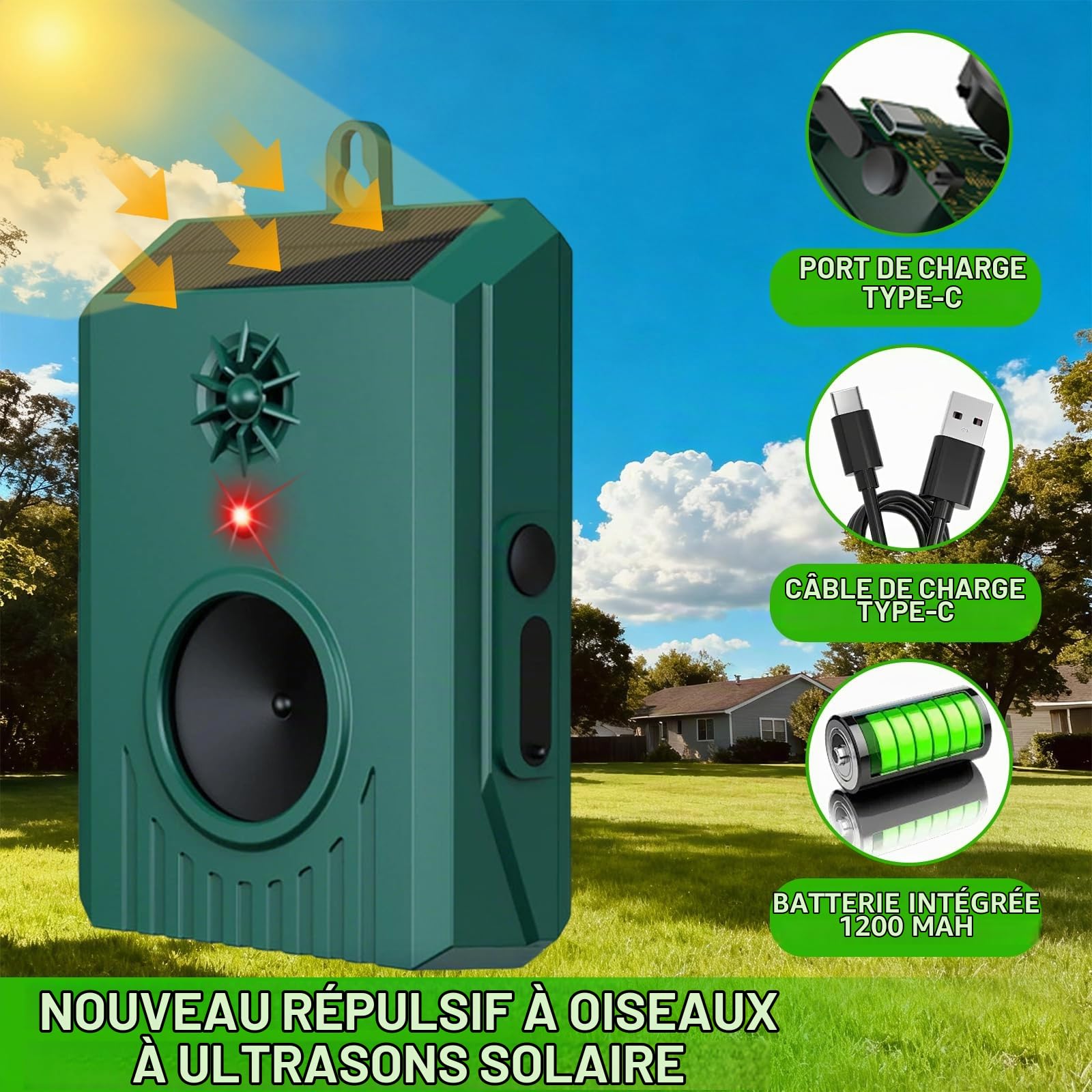 Répulsif solaire à ultrasons pour oiseaux extérieur