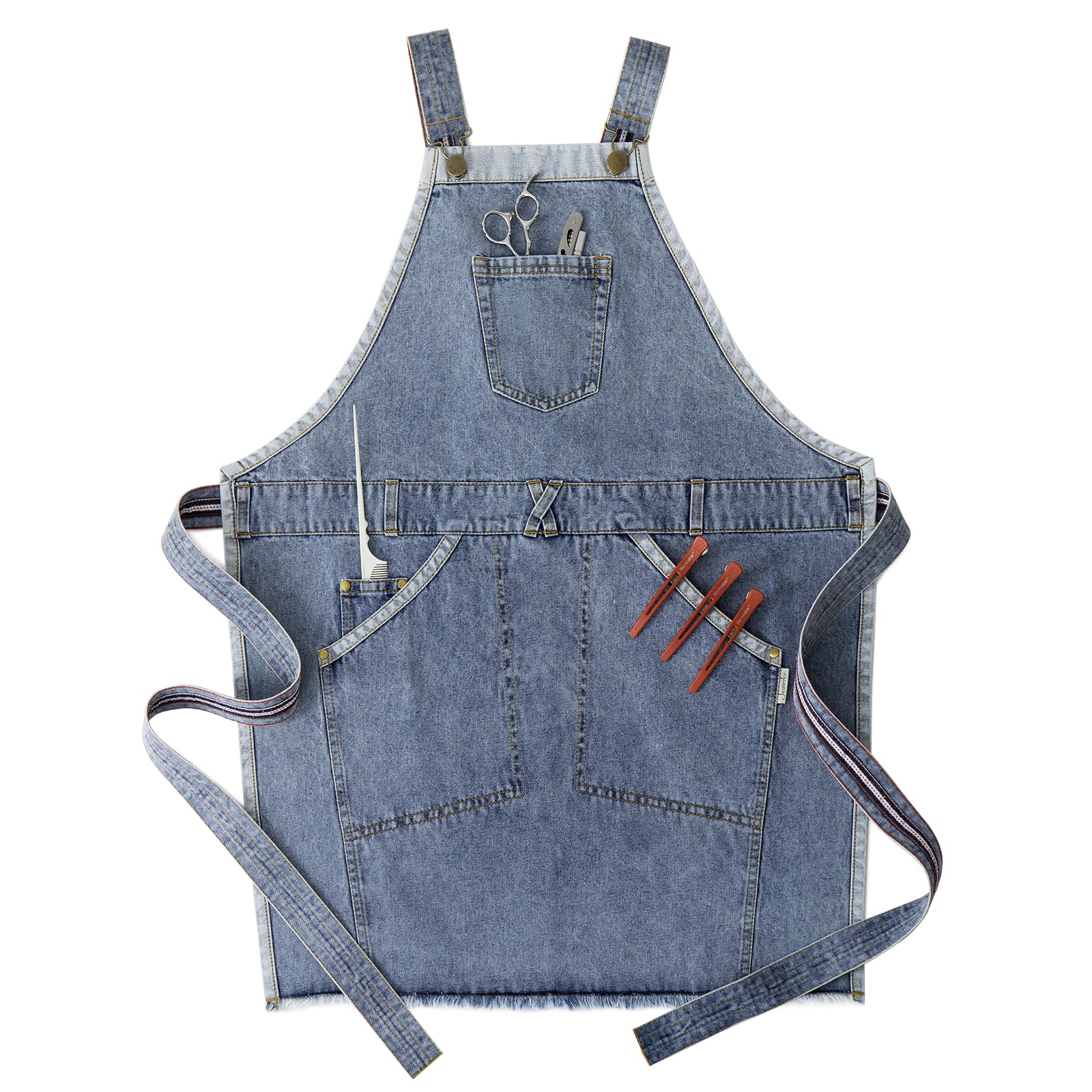 Jeanerlor Acid Wash Denim Apron with Large Pockets, Work Apron with Cross Back Straps, Barber Apron Gift for Women Adjustable S to M (Denim Blue)