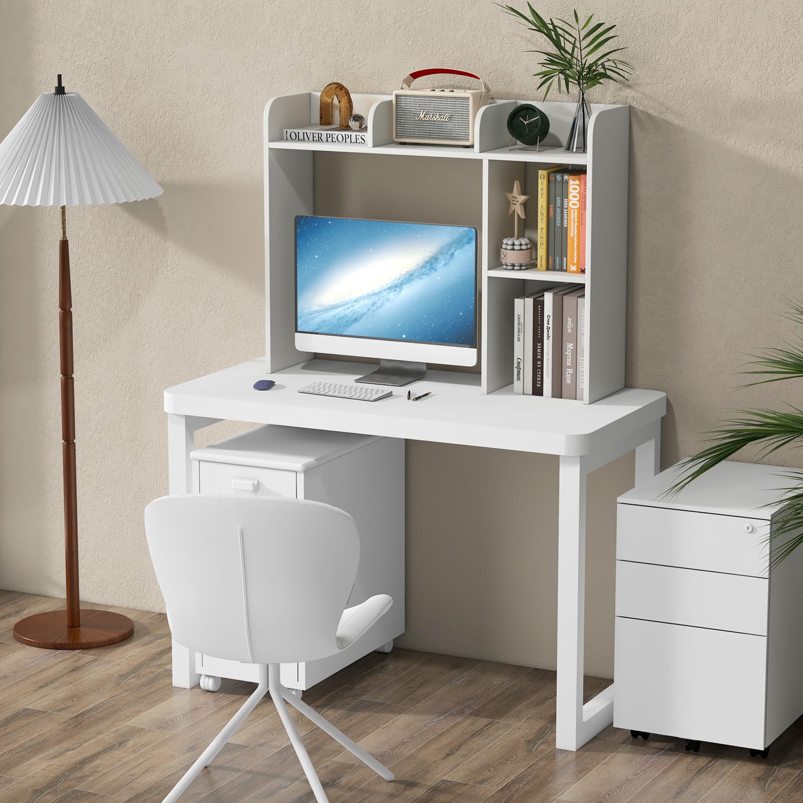 HOMASIS Librería de Escritorio, Estantería de Escritorio con 4 estantes y Compartimento Abierto Trasero, Organizador de Escritorio Multiusos con Dispositivo antivuelco, 94 x 25 x 74 cm (Blanco)