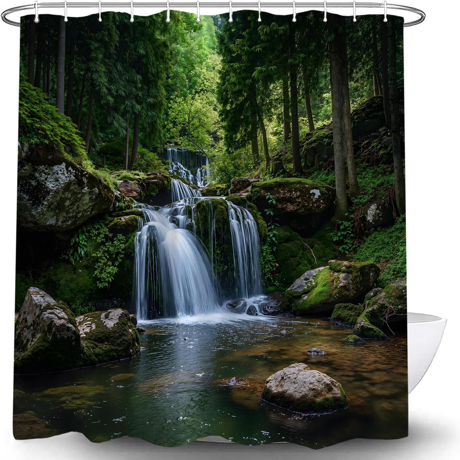 Forest Waterfall Shower Curtain Tropical Nature Jungle Stream River Green Rainforest Spring Summer Garden Decor Bathroom Curtain Set with Hook 70" WX70 H