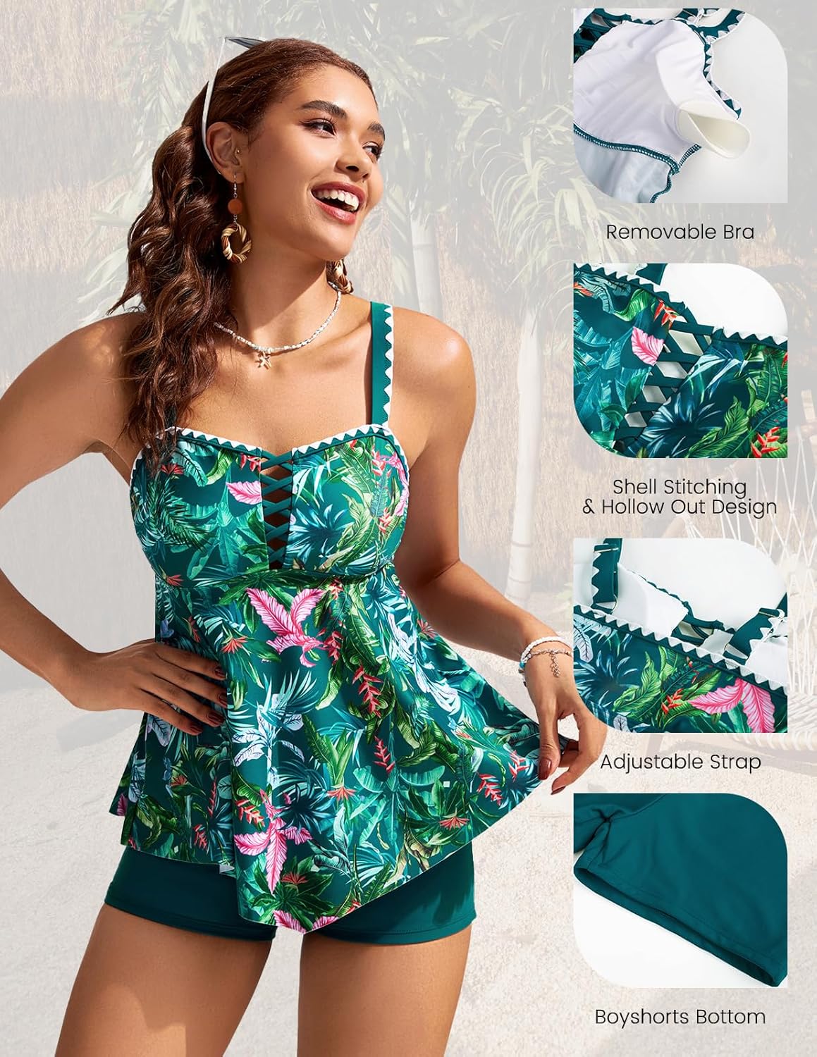 Kate Kasin Tankini Swimsuits for Women 2025, Two Piece Tummy Control Bathing Suit, Floral Flowy Swim Tops with Short Swimwear - Image 4